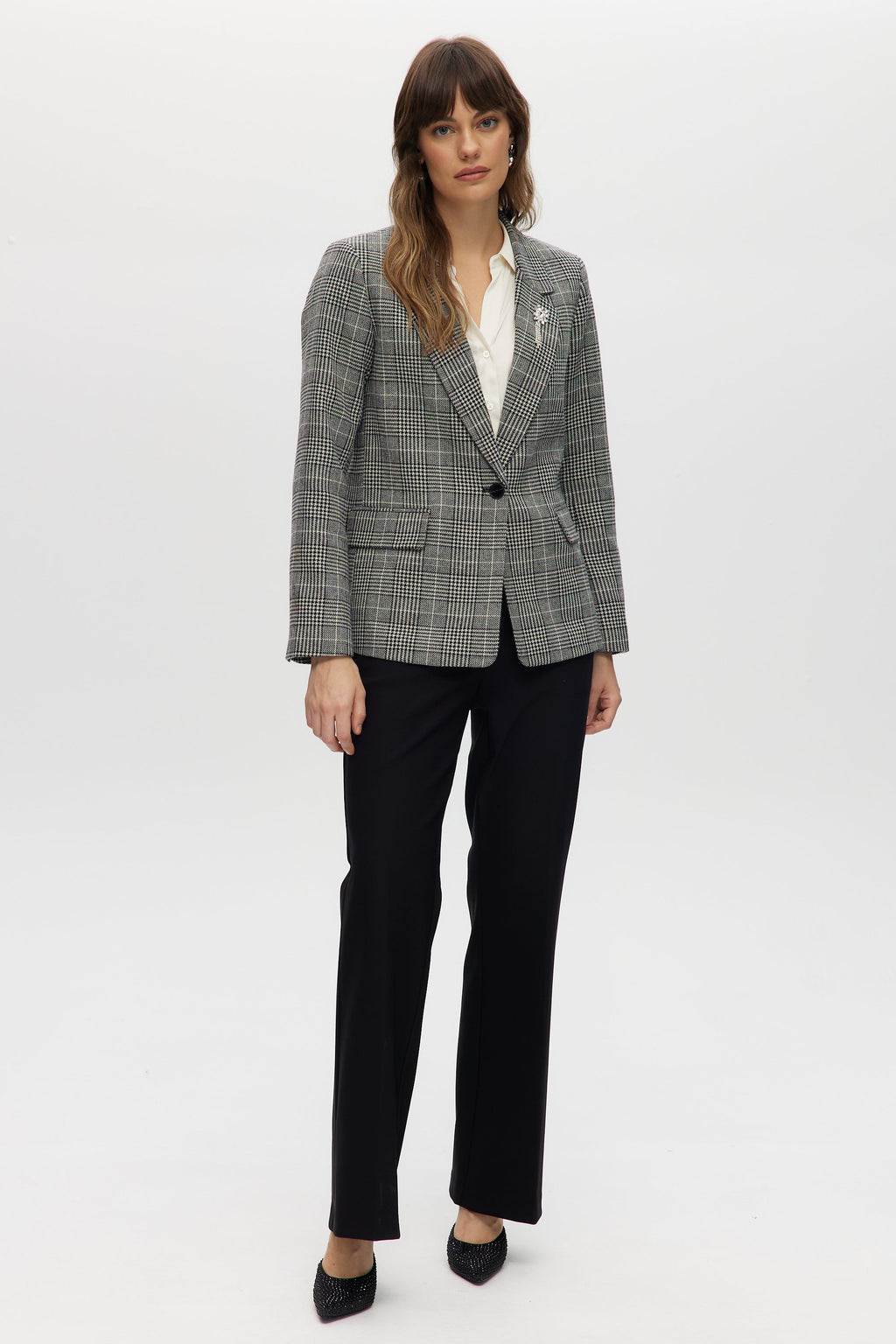 Off-White-black Plaid Modern-Fit Blazer with Crystal Brooch