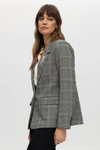 Off-White-black Plaid Modern-Fit Blazer with Crystal Brooch