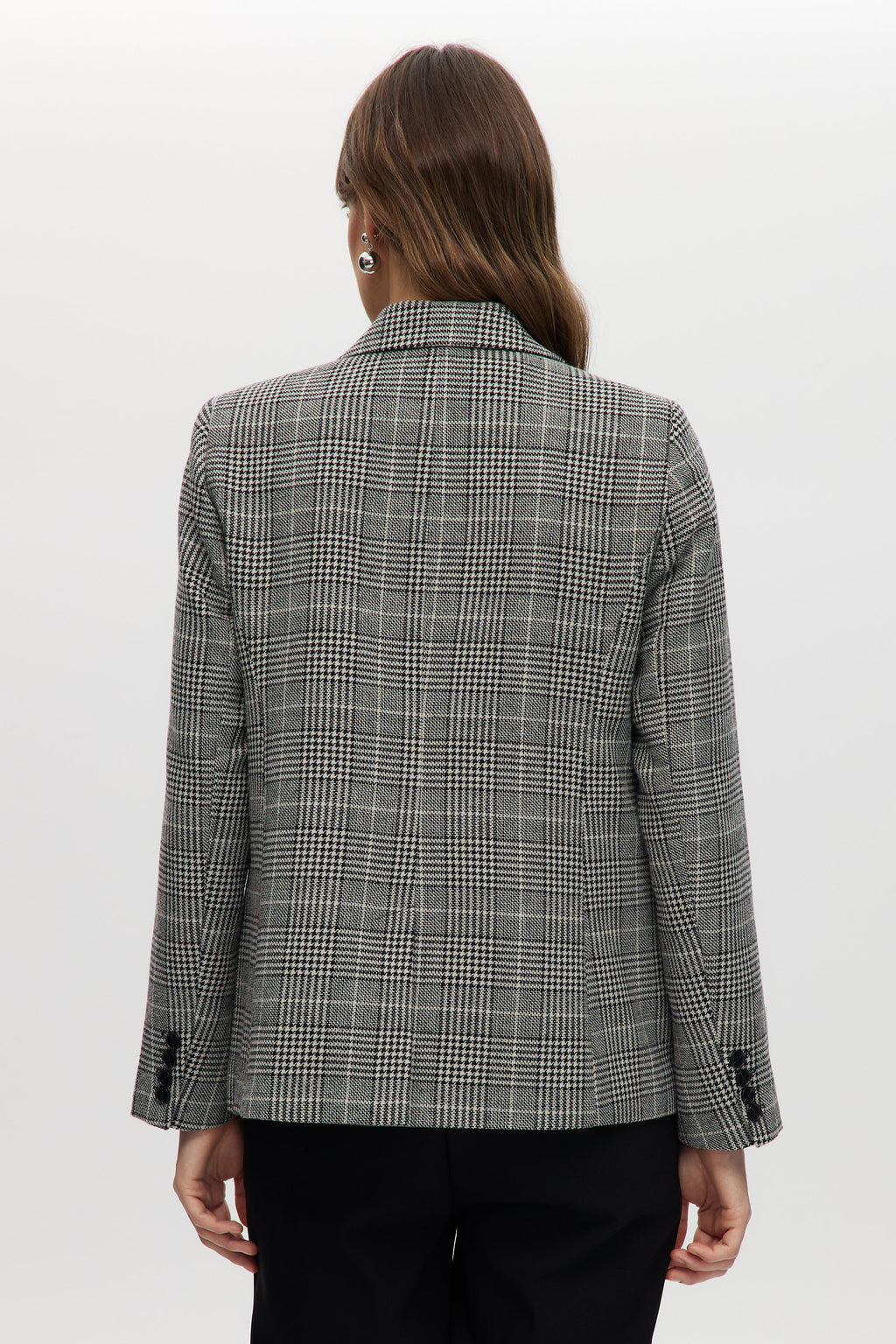 Off-White-black Plaid Modern-Fit Blazer with Crystal Brooch