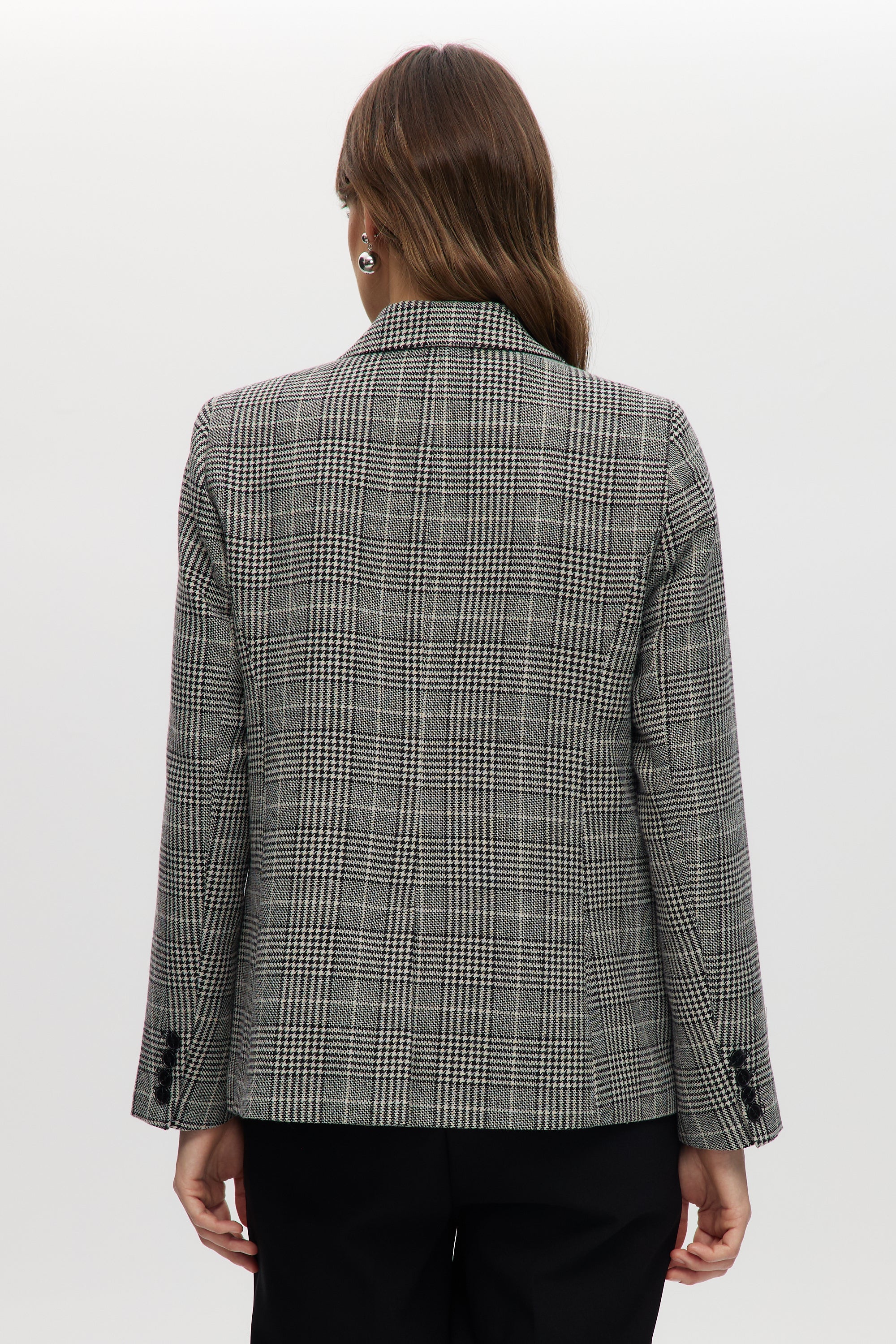 Off-White-black Plaid Modern-Fit Blazer with Crystal Brooch