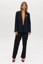 Navy Plaid Modern-Fit Blazer with Crystal Brooch