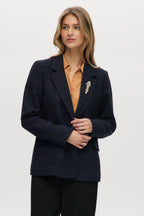 Navy Plaid Modern-Fit Blazer with Crystal Brooch