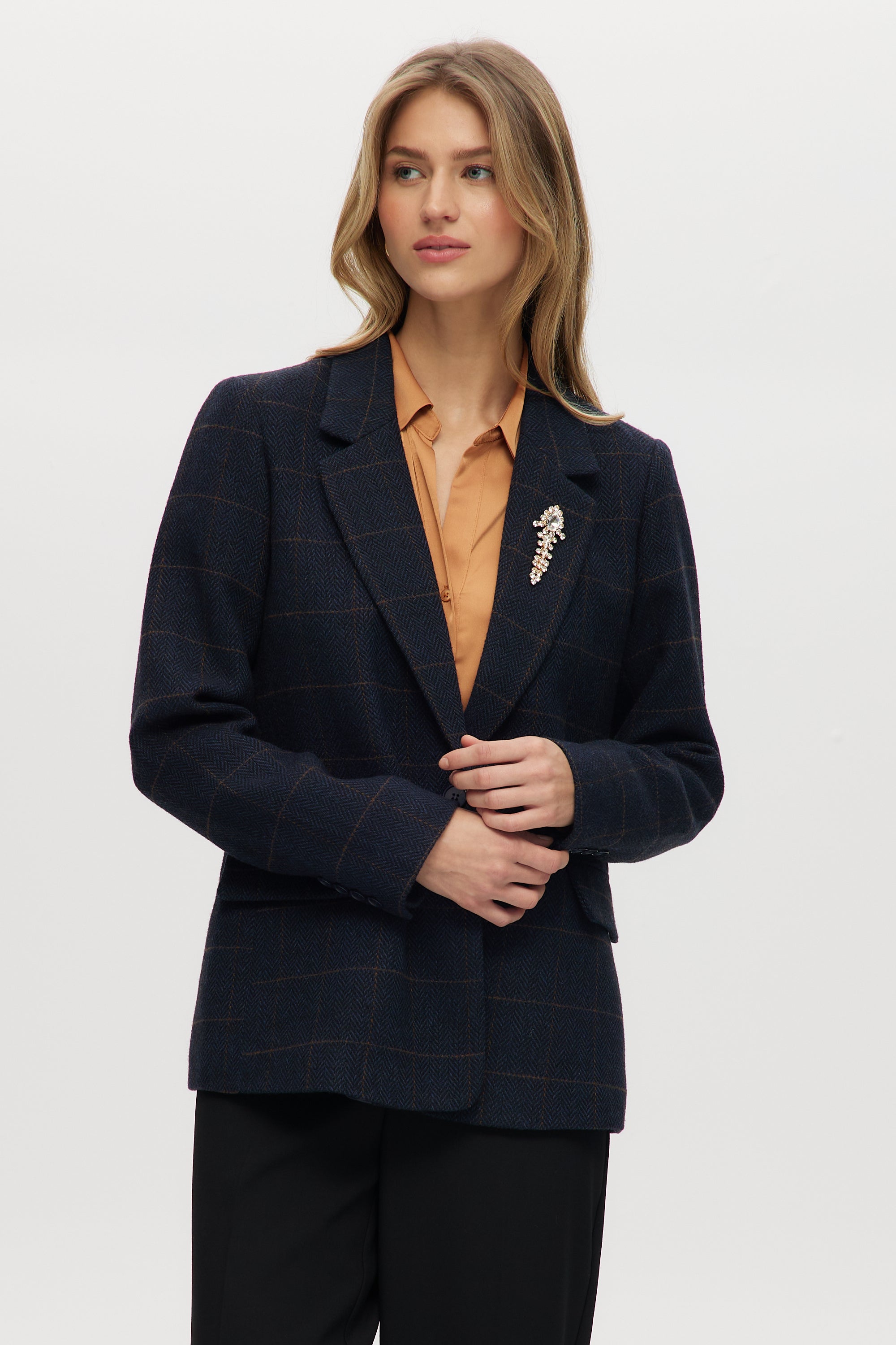 Navy Plaid Modern-Fit Blazer with Crystal Brooch