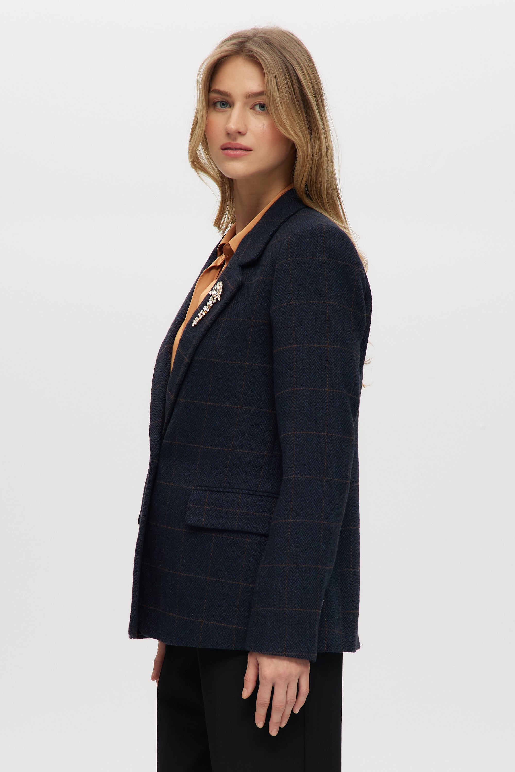 Navy Plaid Modern-Fit Blazer with Crystal Brooch
