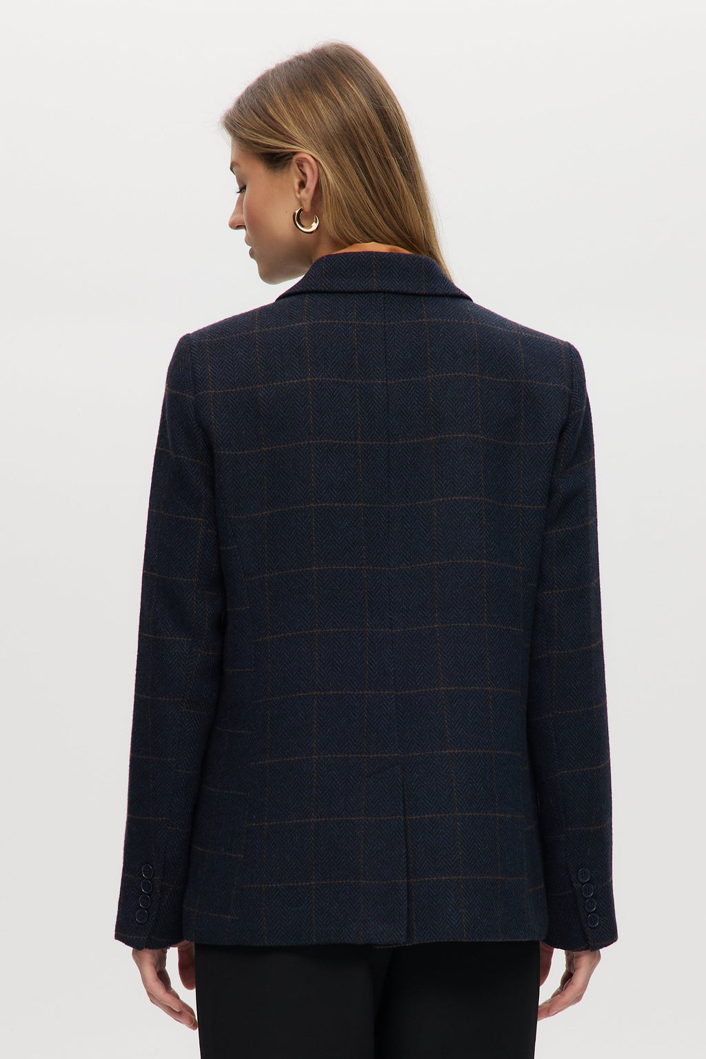 Navy Plaid Modern-Fit Blazer with Crystal Brooch