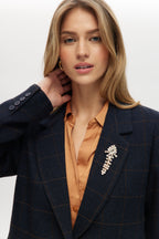 Navy Plaid Modern-Fit Blazer with Crystal Brooch