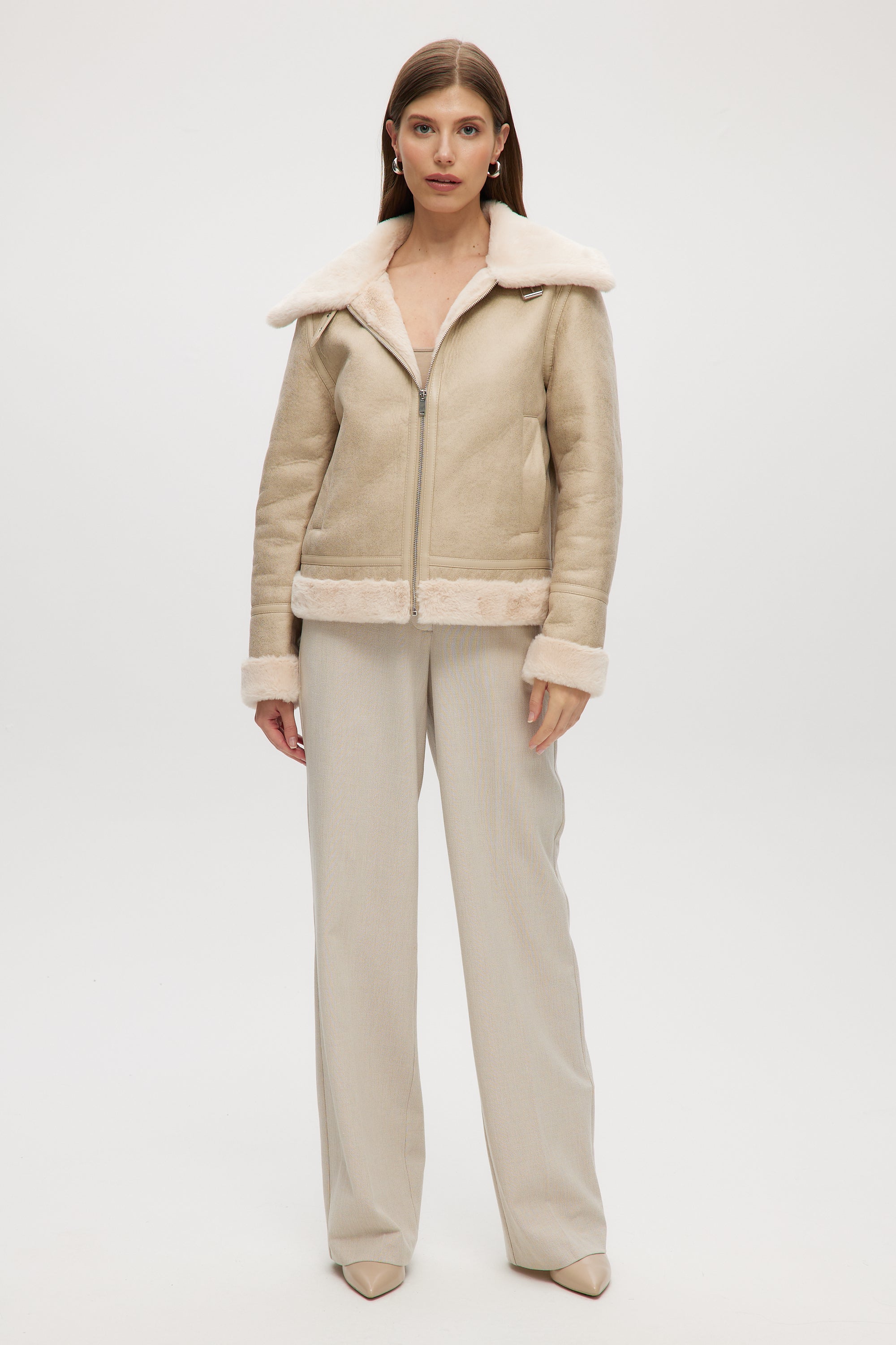 LIGHT BEIGE VEGAN LEATHER AND FUR JACKET