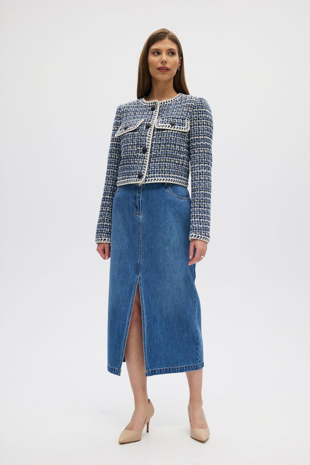 Blue Textured Bouclé Cropped Jacket