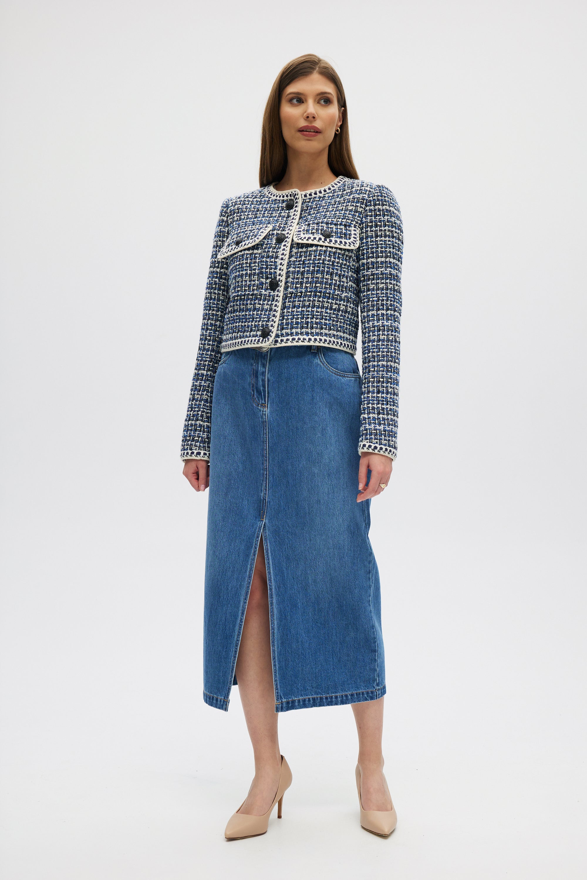 Blue Textured Bouclé Cropped Jacket