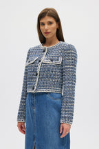 Blue Textured Bouclé Cropped Jacket