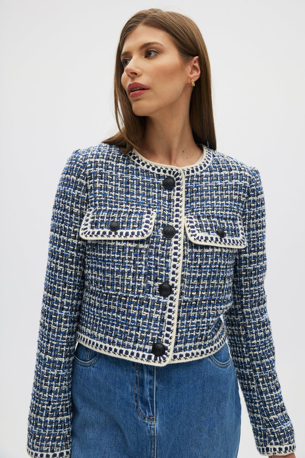 Blue Textured Bouclé Cropped Jacket