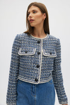 Blue Textured Bouclé Cropped Jacket