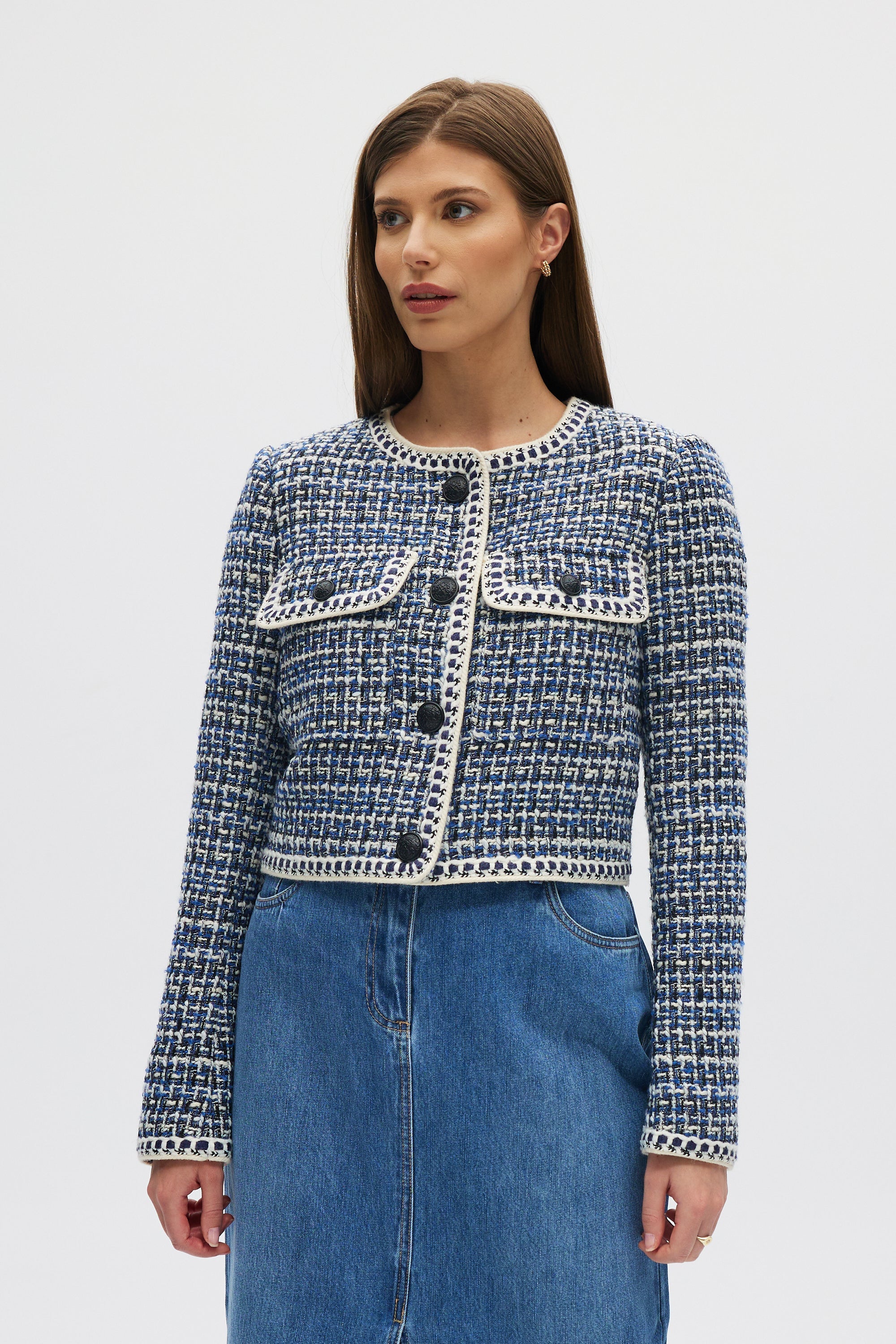 Blue Textured Bouclé Cropped Jacket