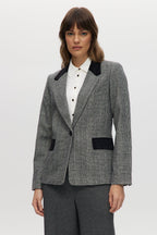Off-White-Black Classic-Fit Plaid Blazer with Contrast Velvet Pockets