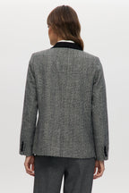 Off-White-Black Classic-Fit Plaid Blazer with Contrast Velvet Pockets