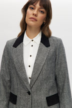 Off-White-Black Classic-Fit Plaid Blazer with Contrast Velvet Pockets