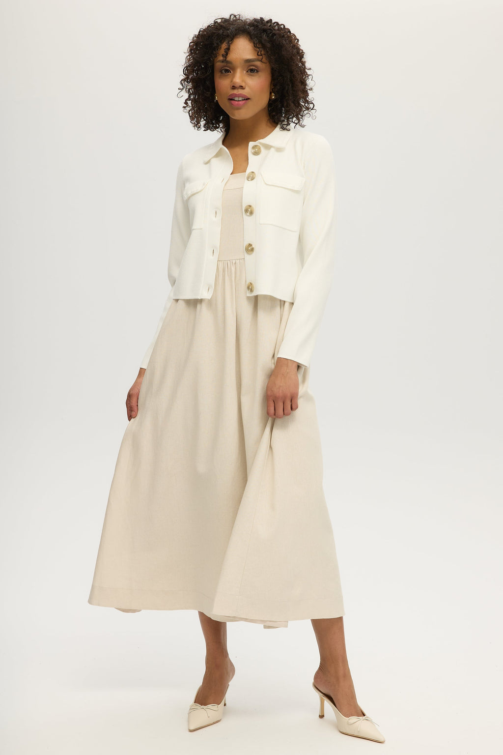 WHITE BOXY CARDIGAN WITH EMBROIDERED COLLAR
