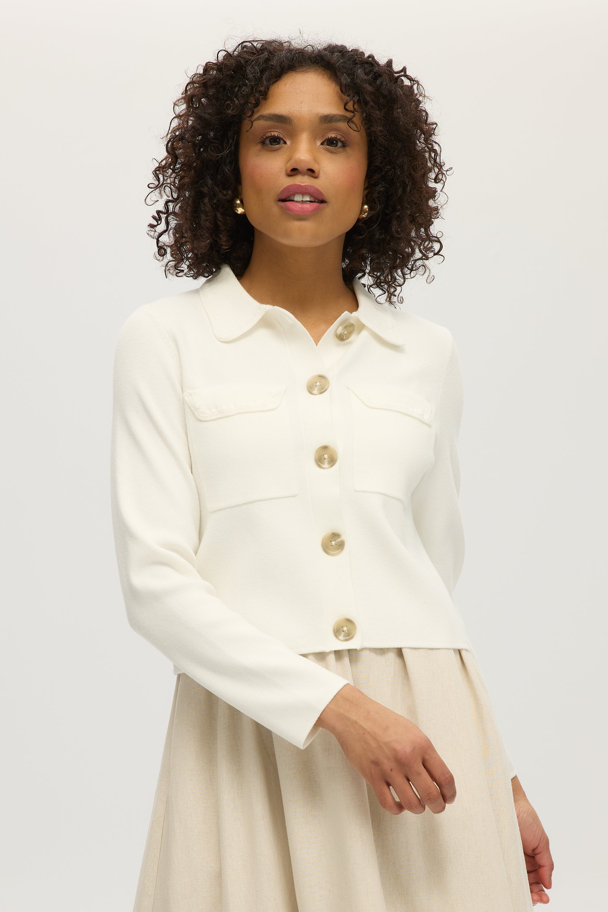 WHITE BOXY CARDIGAN WITH EMBROIDERED COLLAR