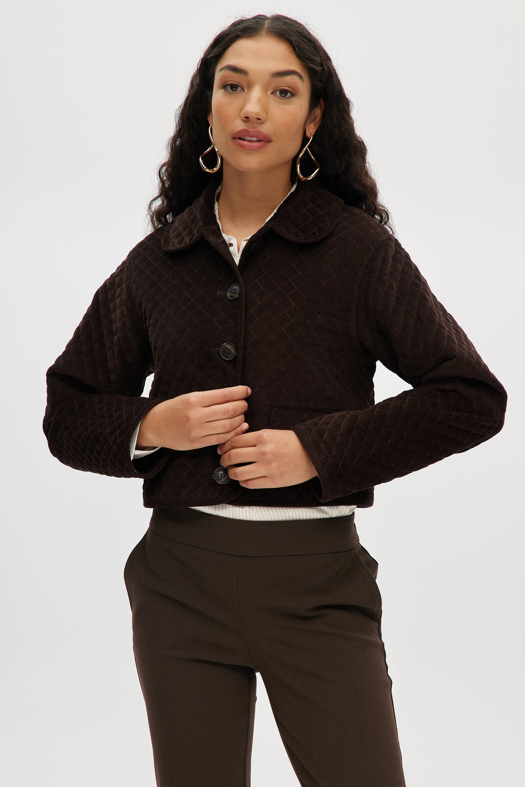 Brown Cropped Quilted Corduroy Jacket