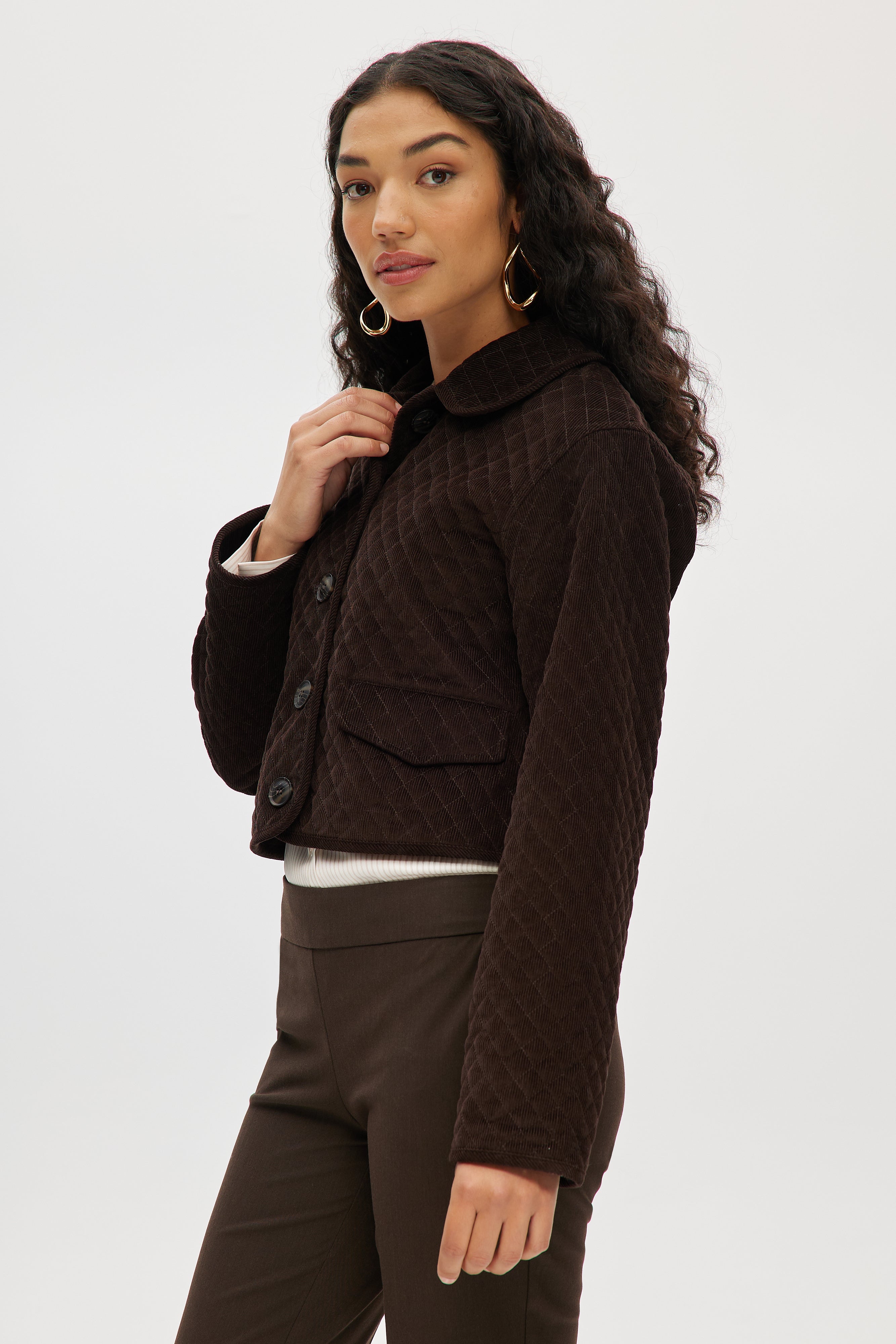 Brown Cropped Quilted Corduroy Jacket