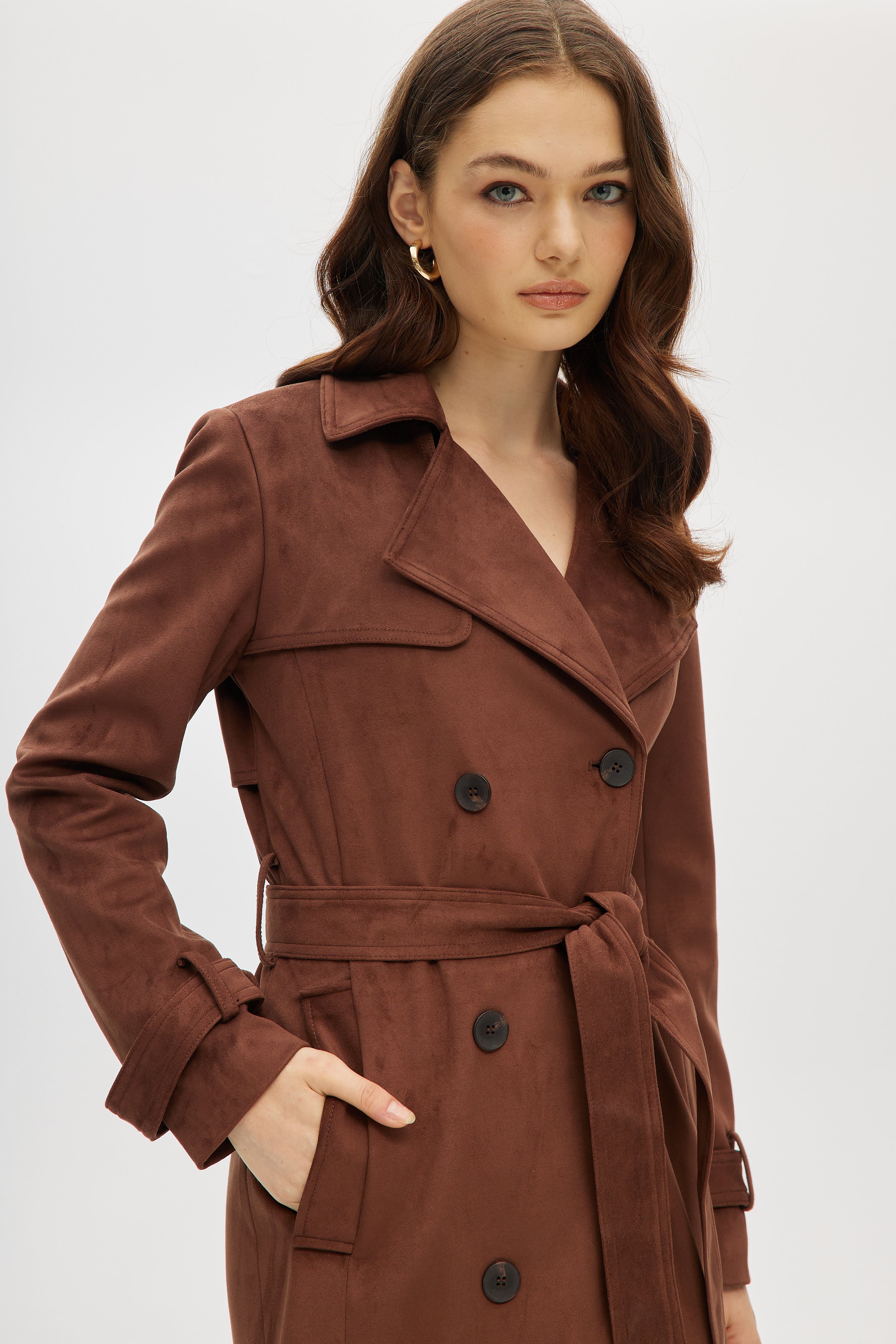 Brown Vegan Suede Trench Coat