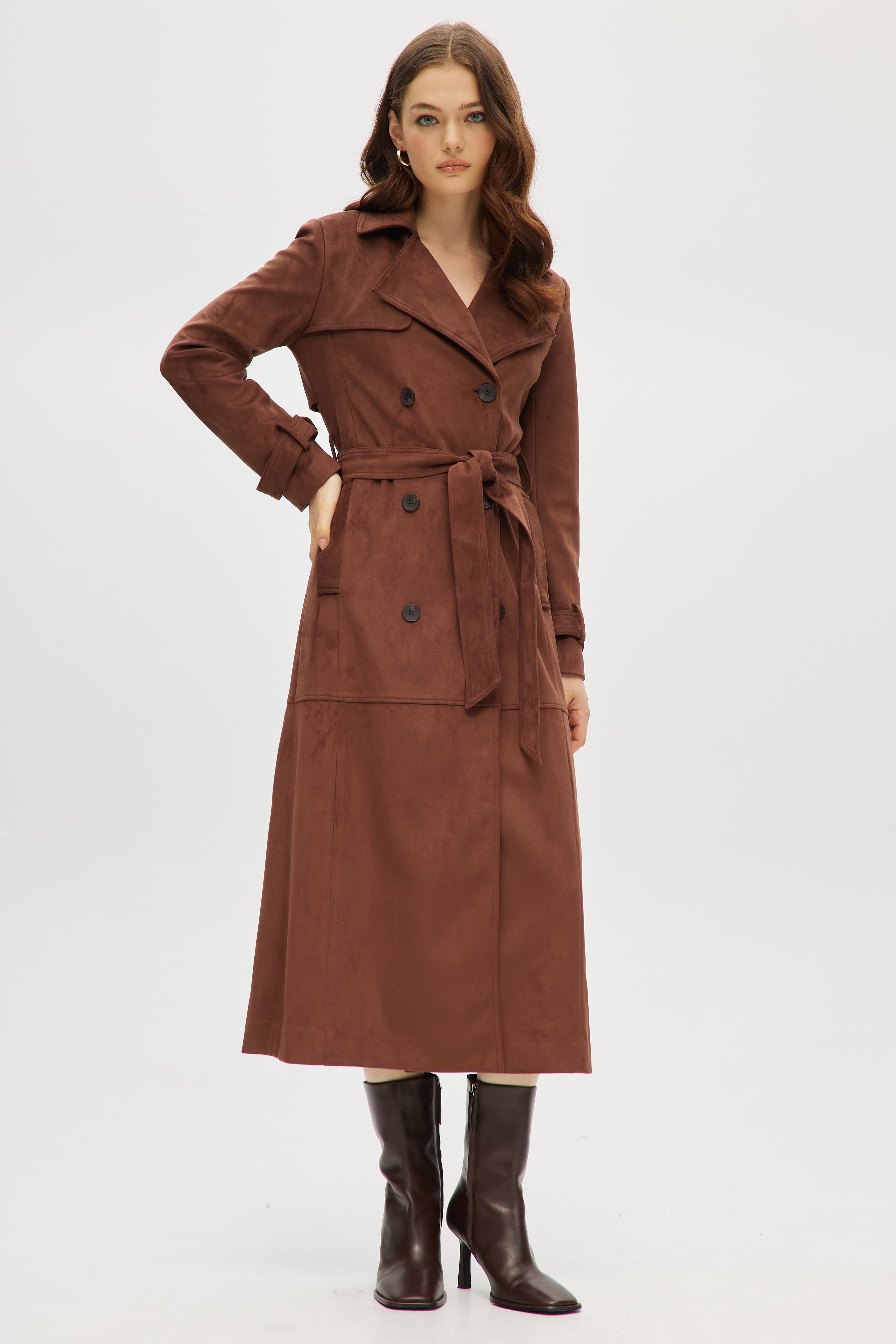 Brown Vegan Suede Trench Coat