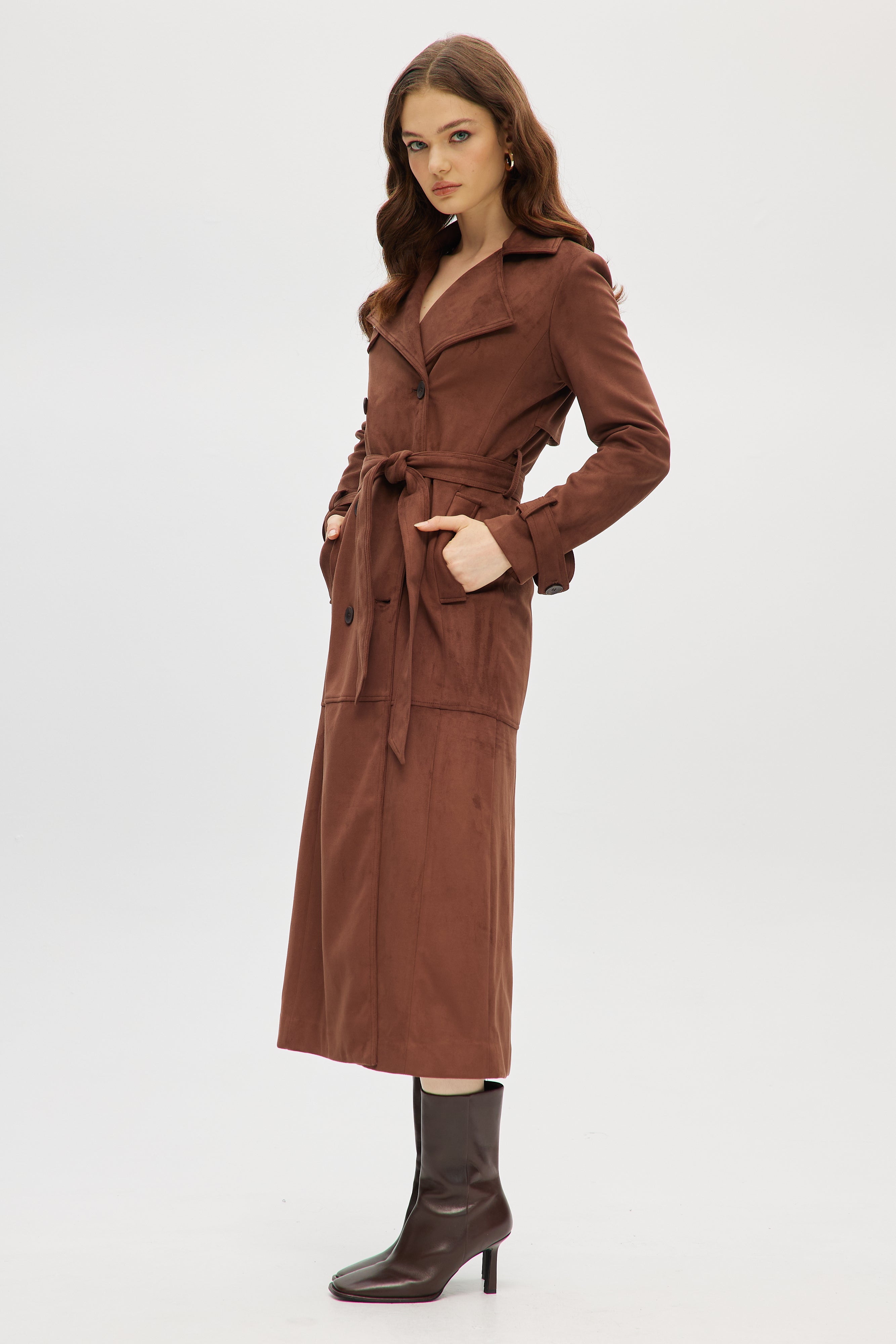 Brown Vegan Suede Trench Coat