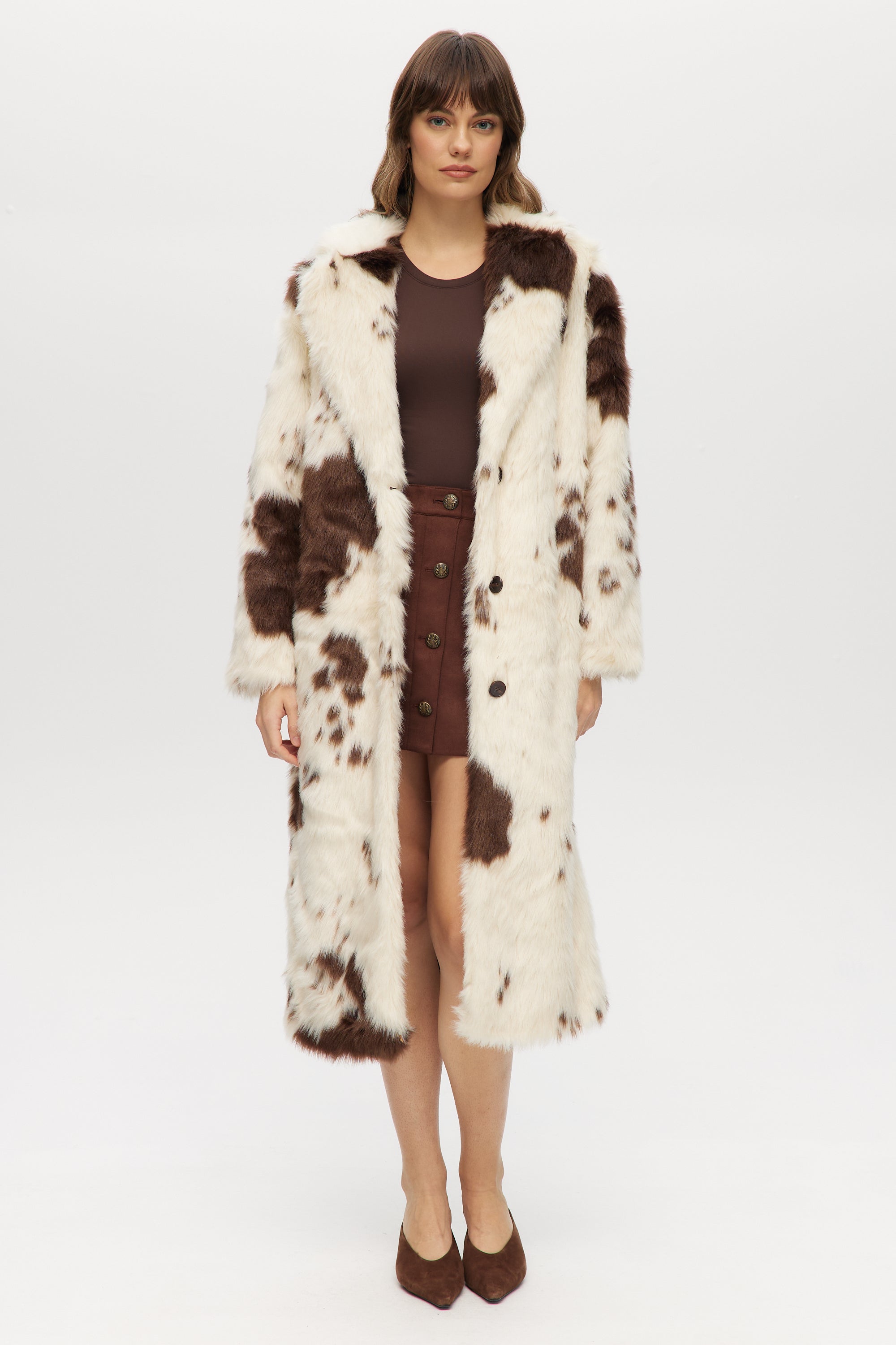 Off-White & Brown Combo Vegan Fur Long Coat