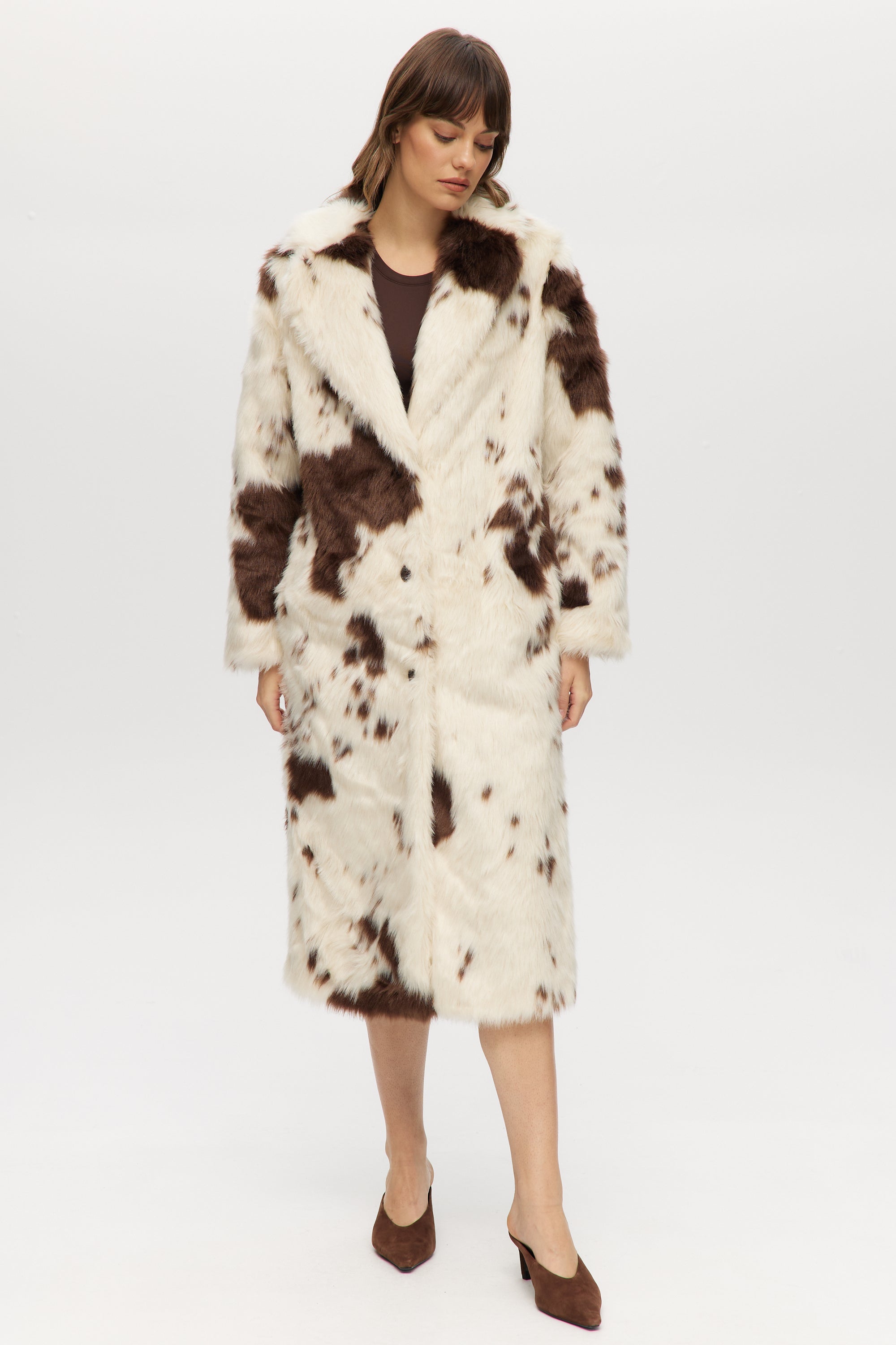 Off-White & Brown Combo Vegan Fur Long Coat