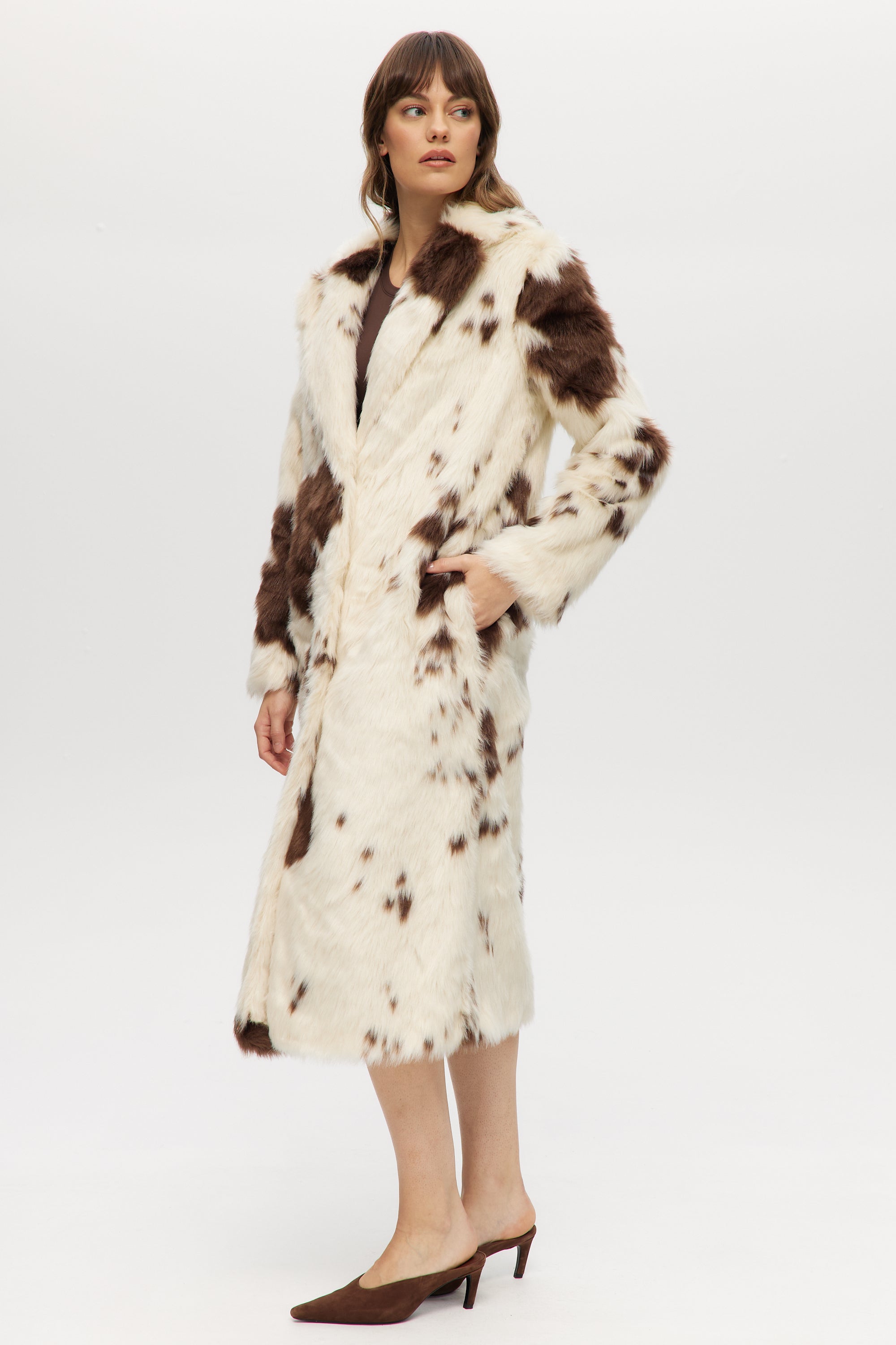 Off-White & Brown Combo Vegan Fur Long Coat