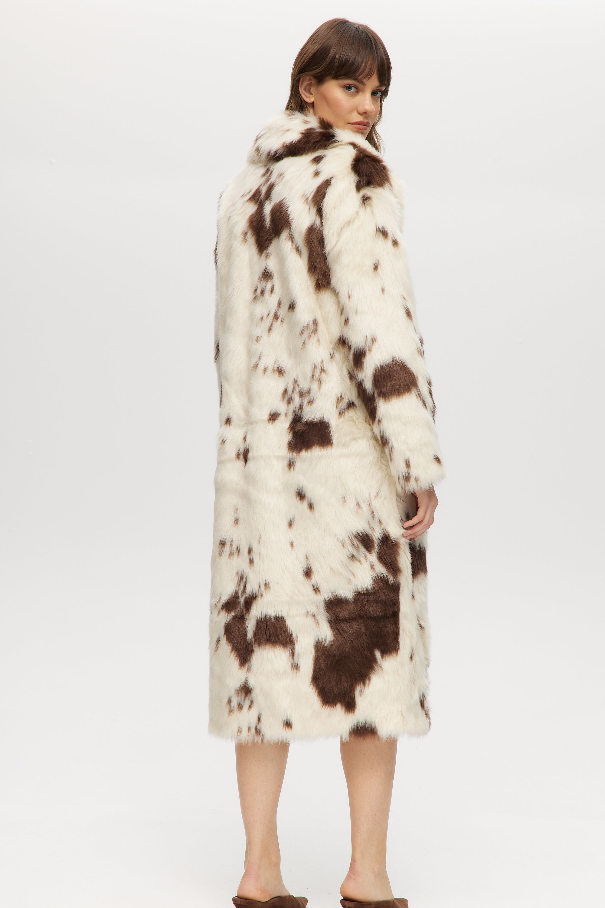 Off-White & Brown Combo Vegan Fur Long Coat