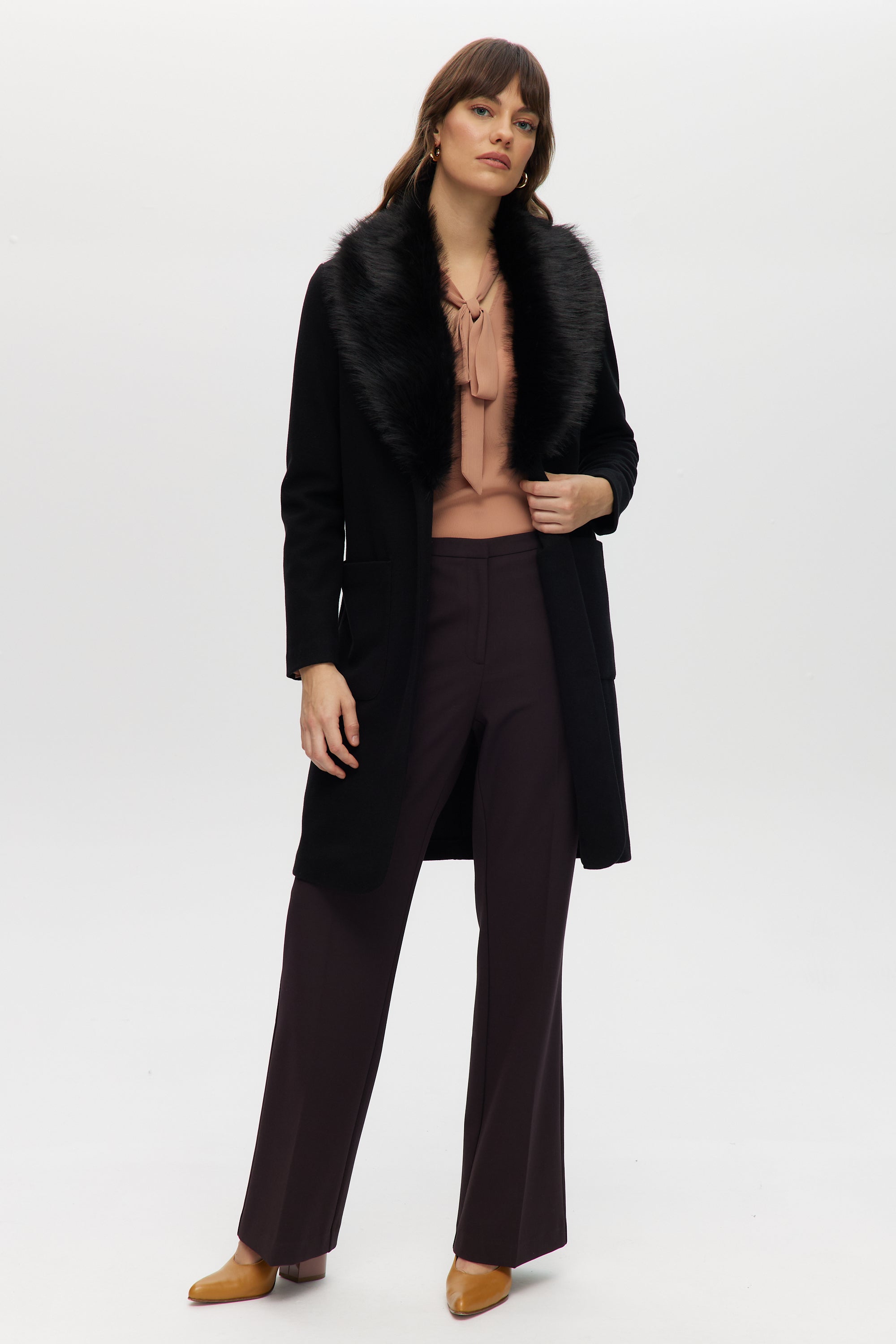 Black Classic-Fit Long Coat with Detachable Vegan Fur Collar