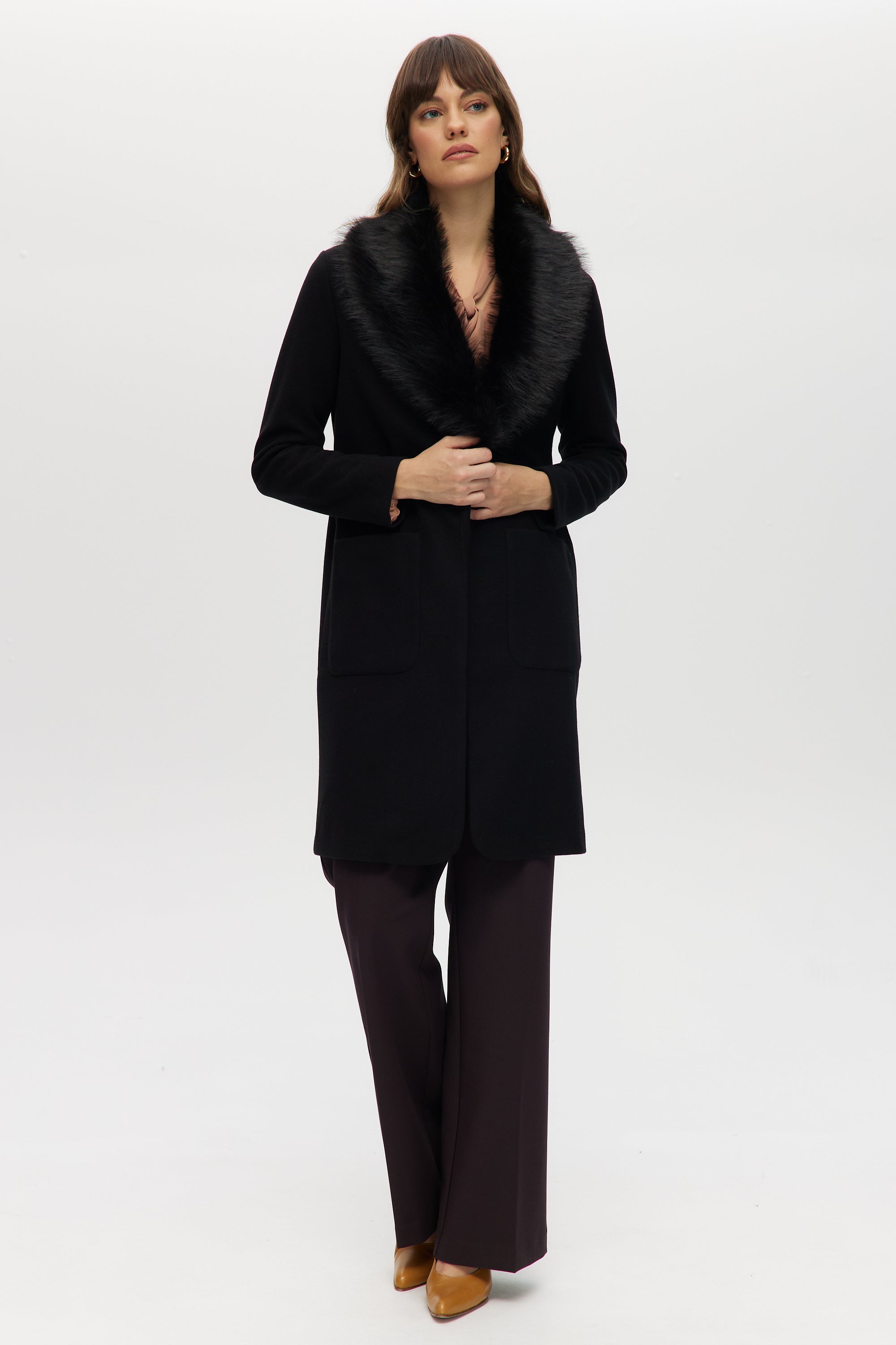 Black Classic-Fit Long Coat with Detachable Vegan Fur Collar