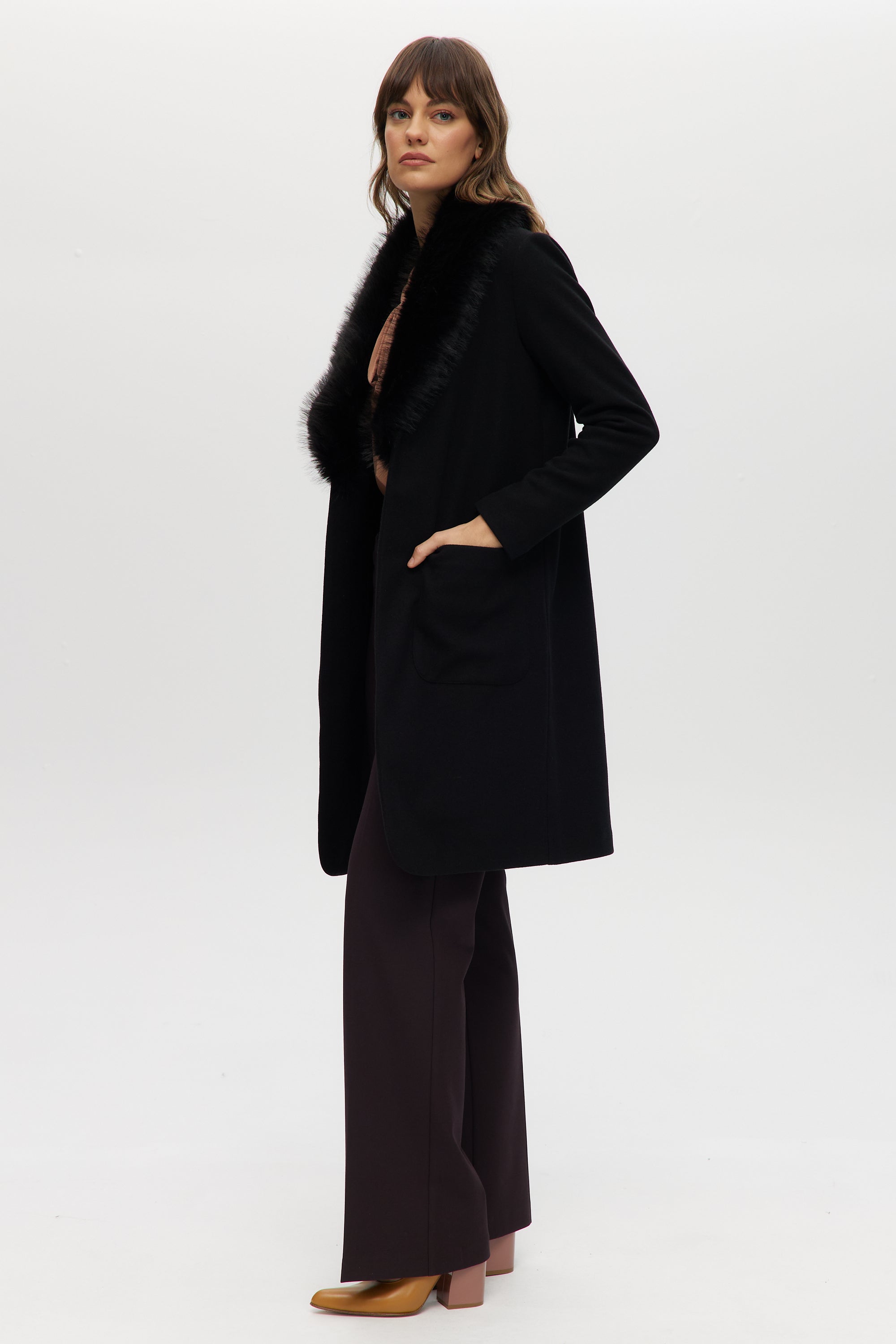 Black Classic-Fit Long Coat with Detachable Vegan Fur Collar