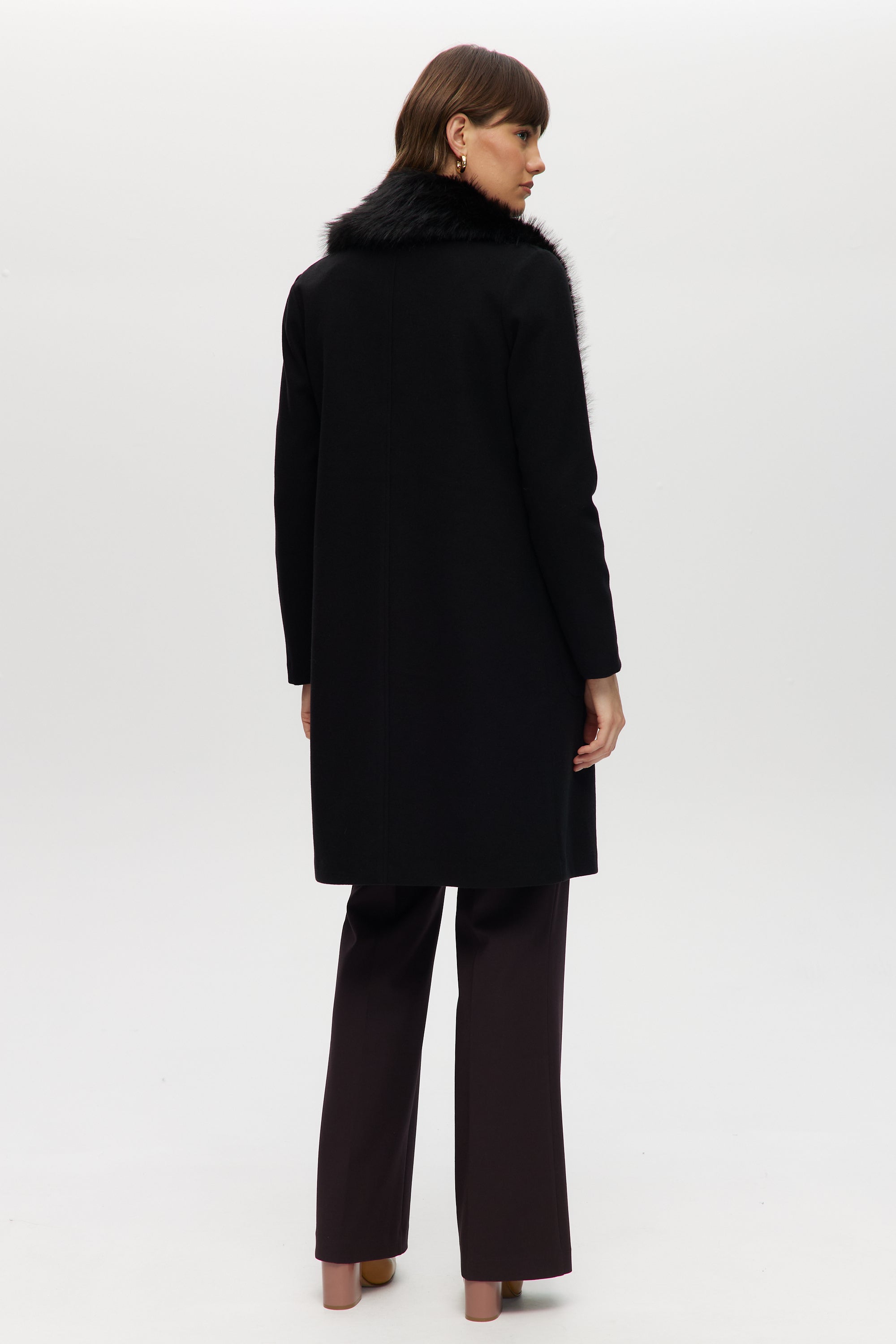 Black Classic-Fit Long Coat with Detachable Vegan Fur Collar