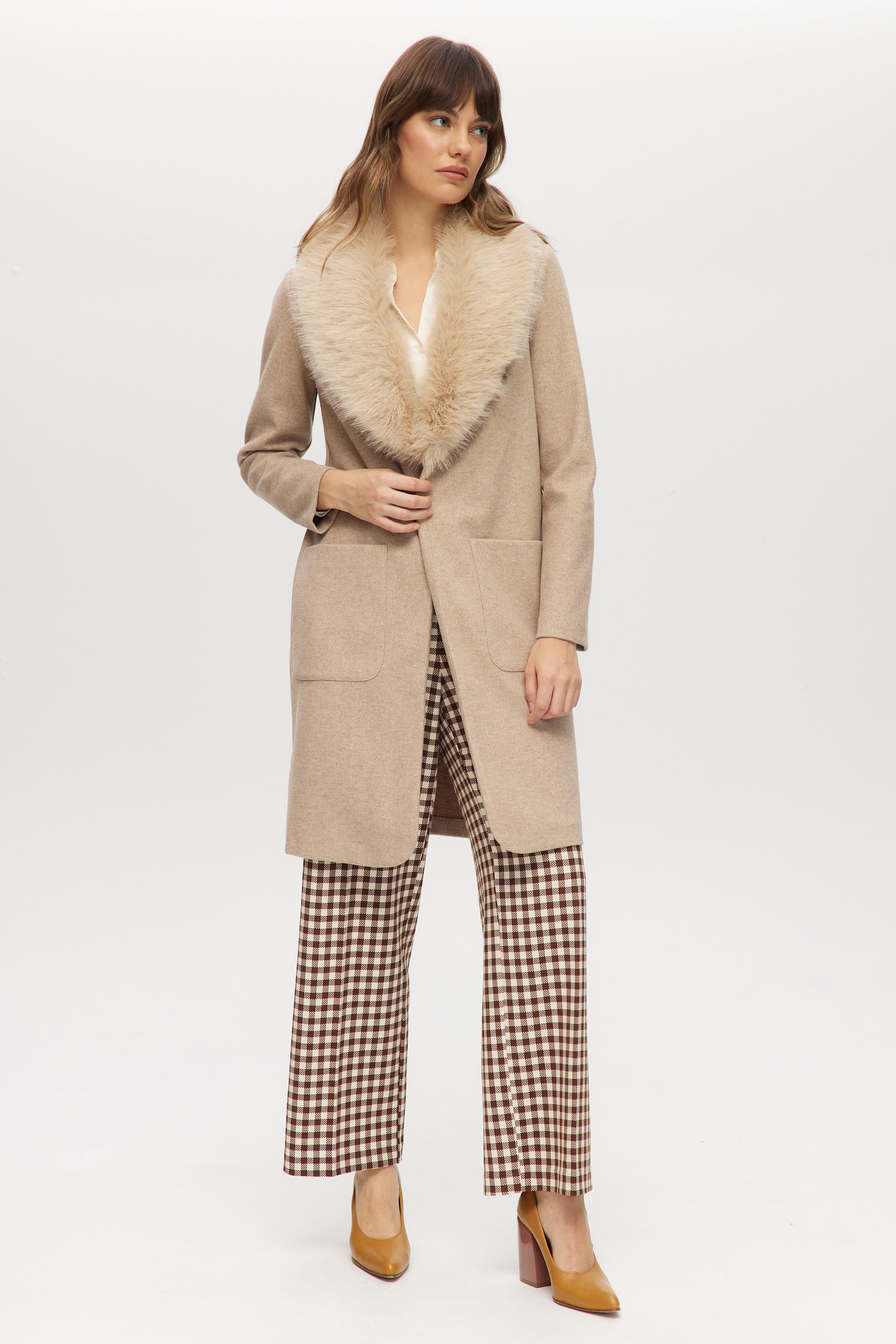 Beige Classic-Fit Long Coat with Detachable Vegan Fur Collar