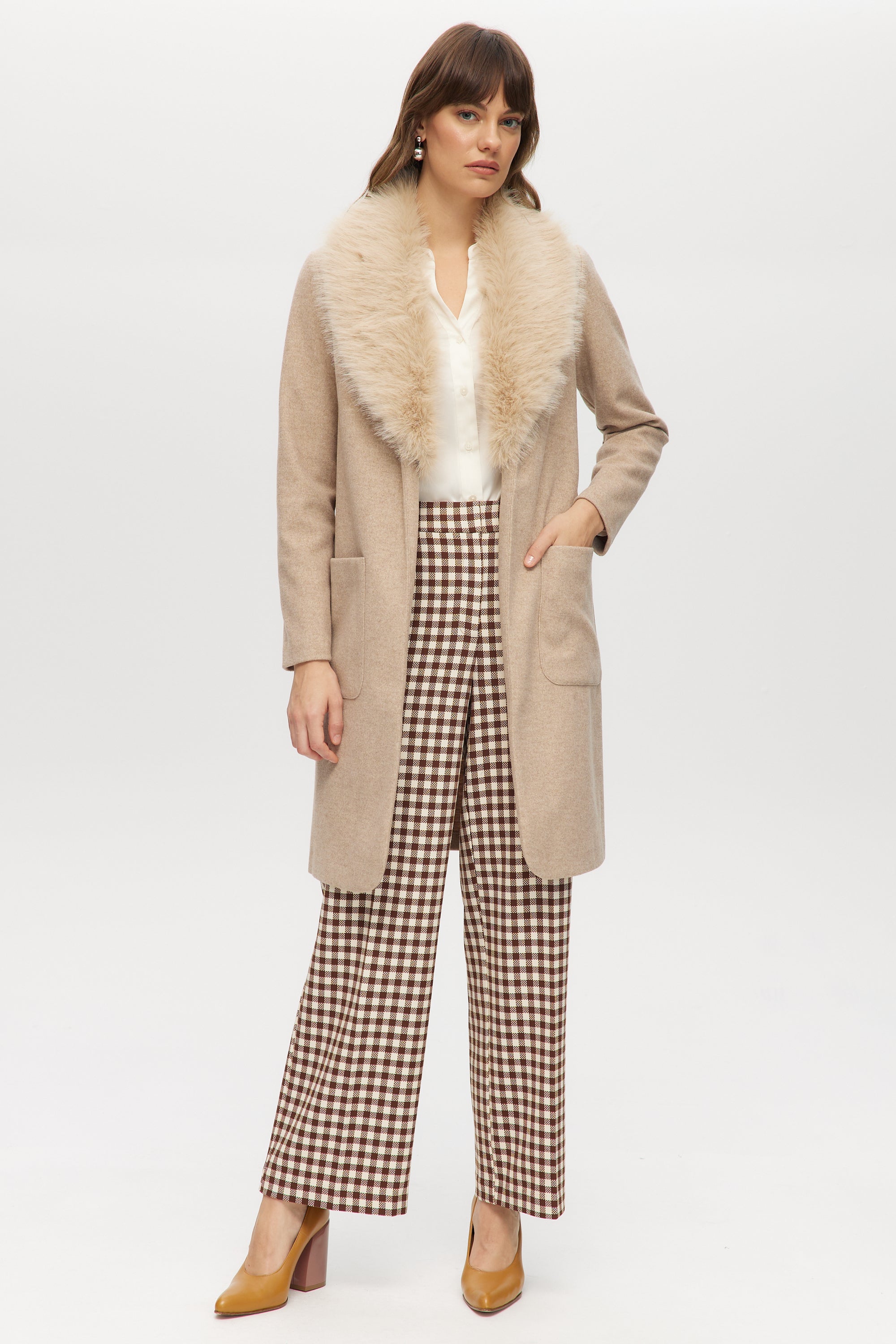 Beige Classic-Fit Long Coat with Detachable Vegan Fur Collar