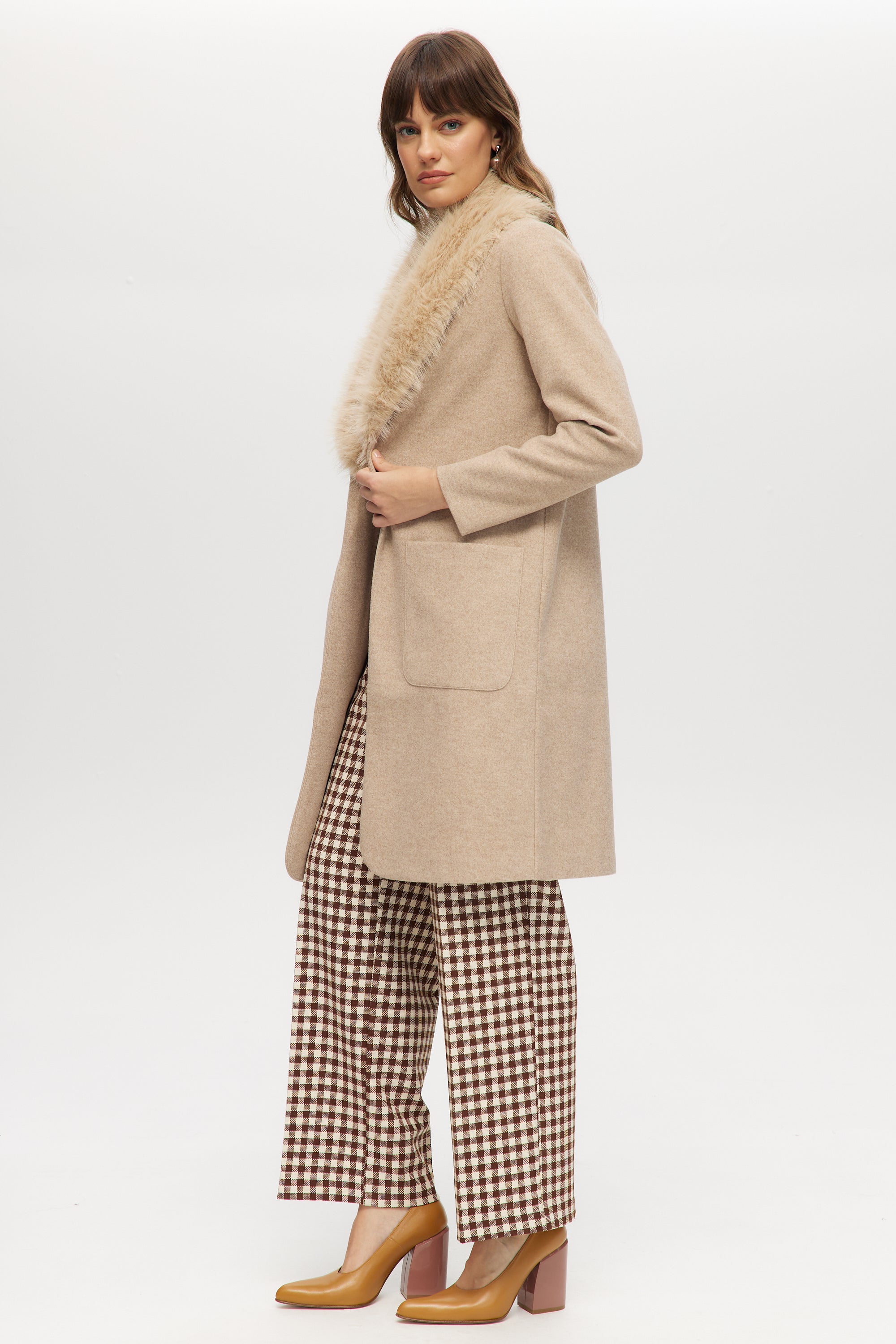 Beige Classic-Fit Long Coat with Detachable Vegan Fur Collar