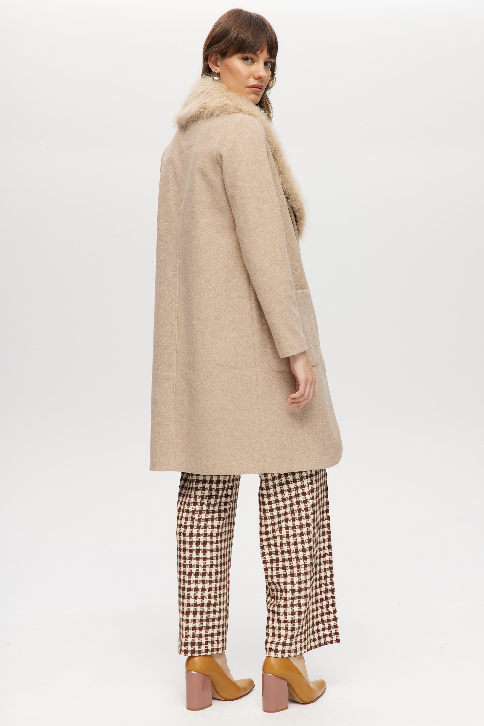 Beige Classic-Fit Long Coat with Detachable Vegan Fur Collar