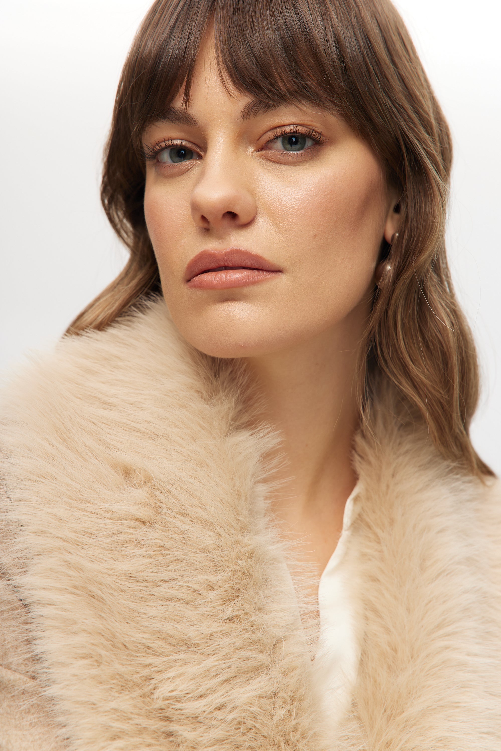 Beige Classic-Fit Long Coat with Detachable Vegan Fur Collar