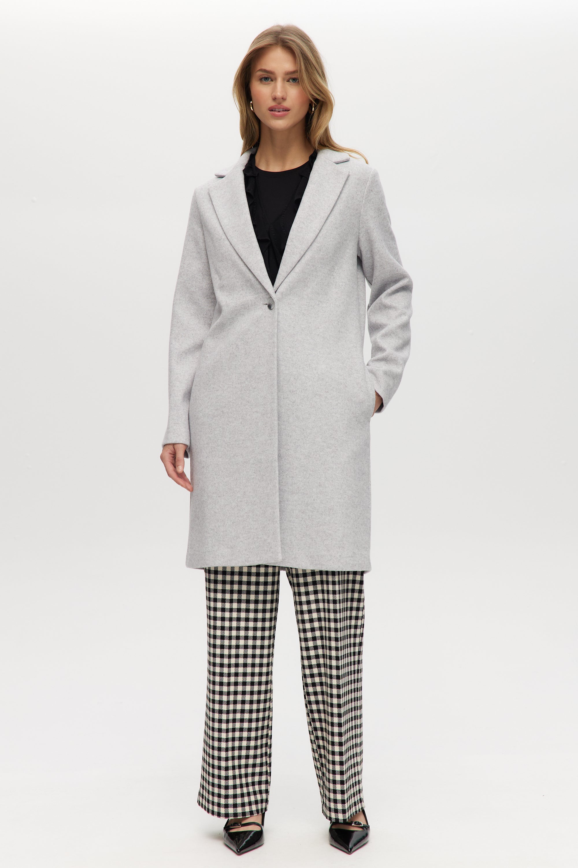 Grey Classic-Fit Long Coat with Button Closure