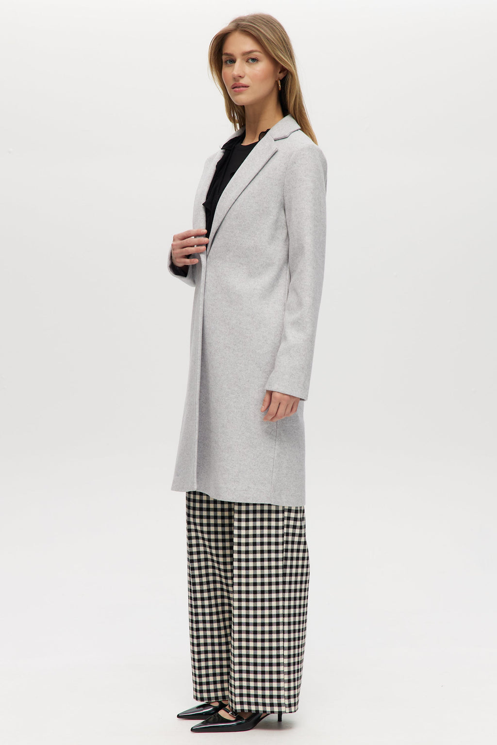 Grey Classic-Fit Long Coat with Button Closure