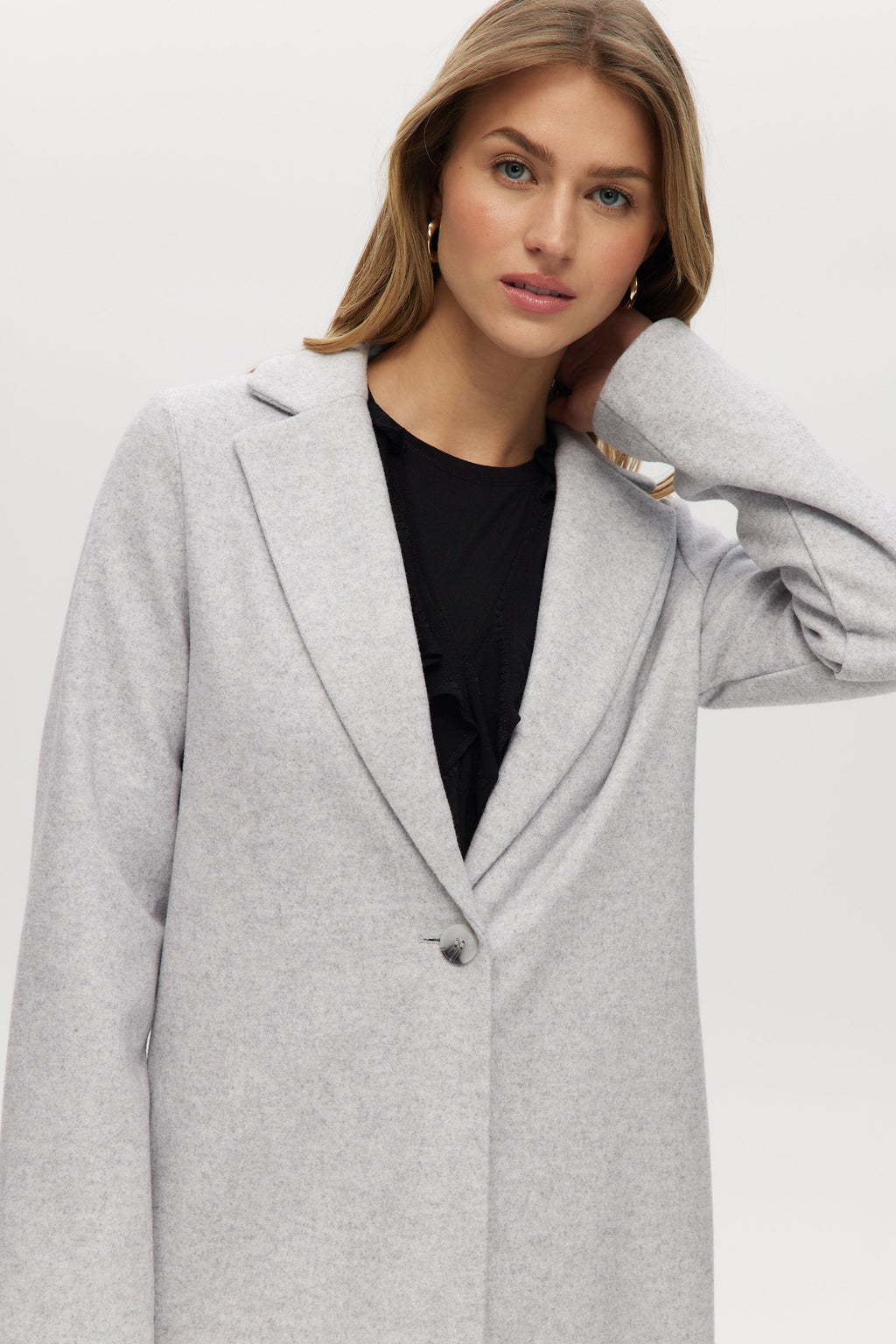 Grey Classic-Fit Long Coat with Button Closure