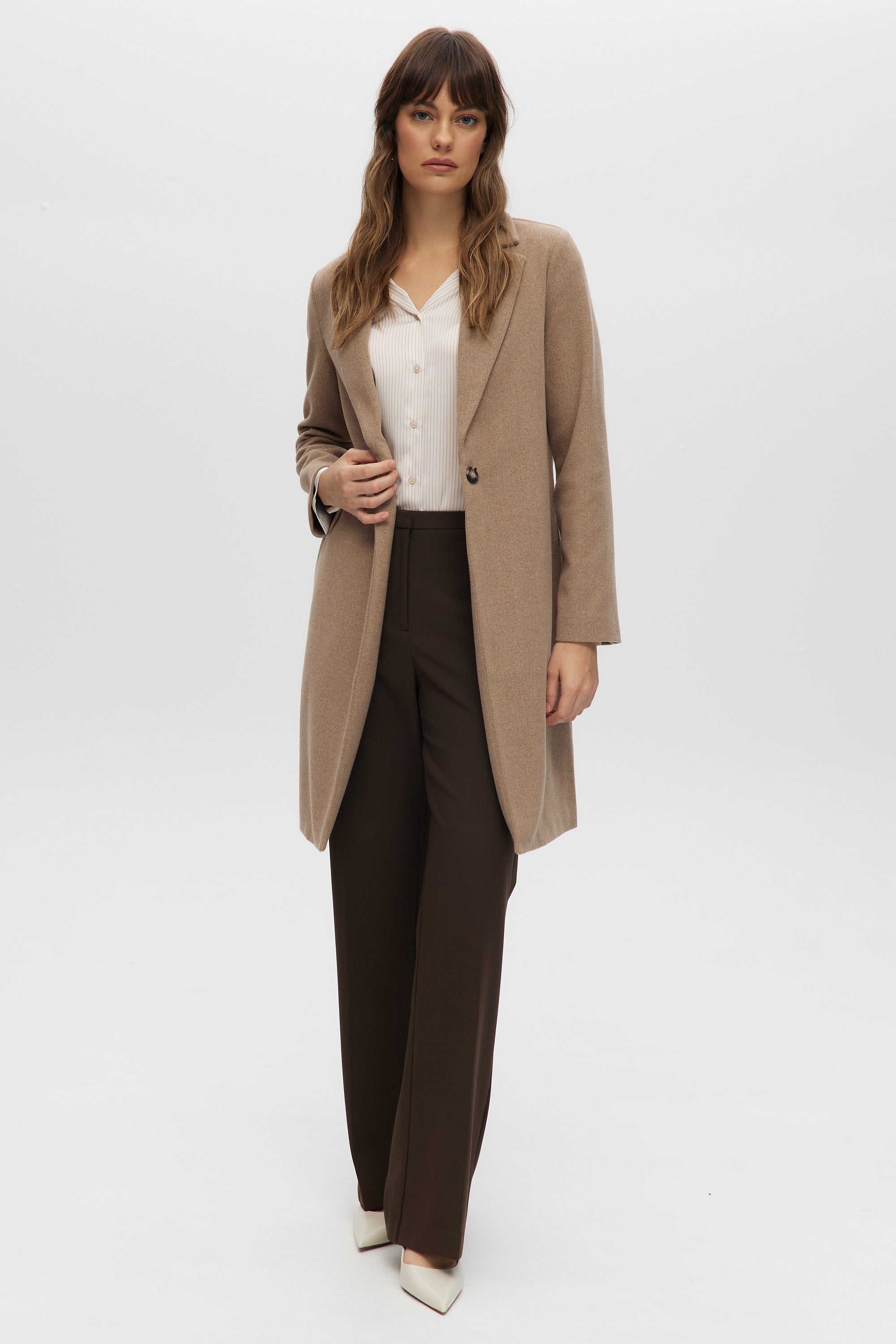 Walnut Classic-Fit Long Coat with Button Closure