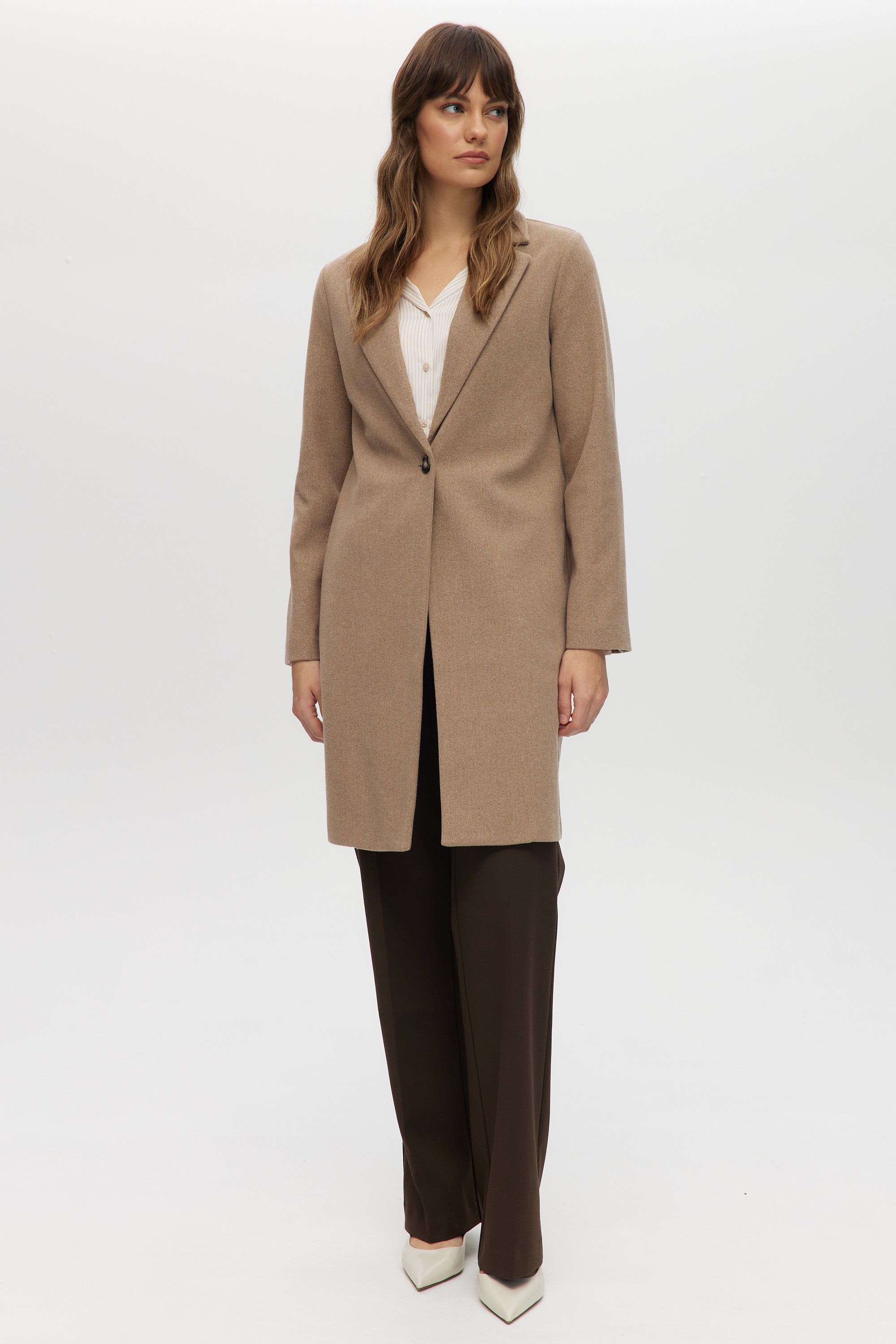 Walnut Classic-Fit Long Coat with Button Closure