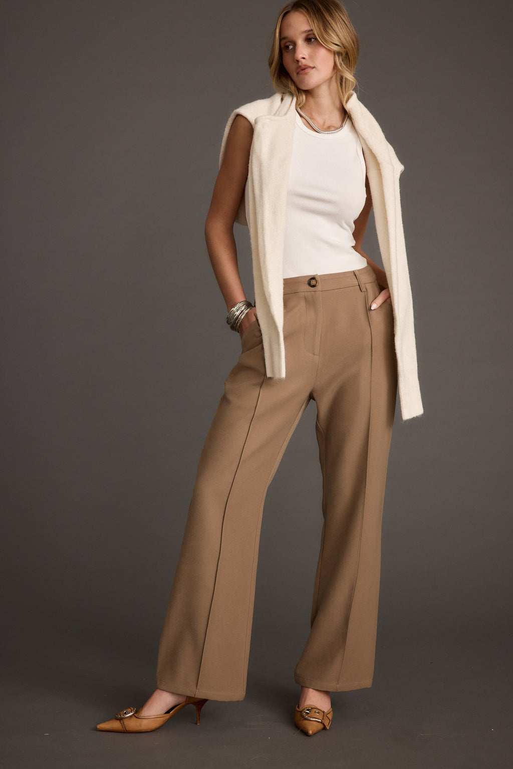 Virginia Taupe Seamed Slim Leg Trousers