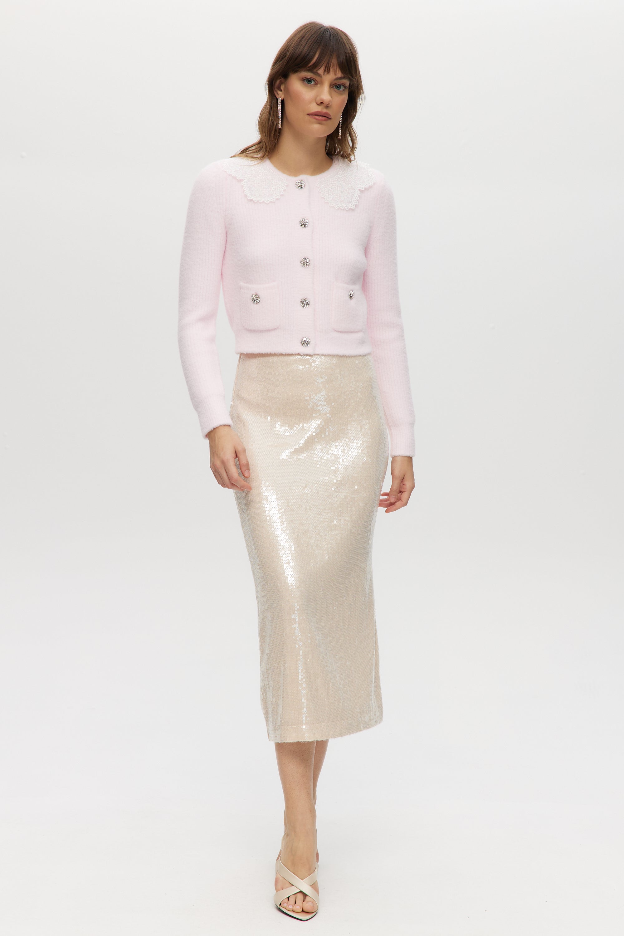 Pink Fluffy Knit Cardigan with Lace Collar