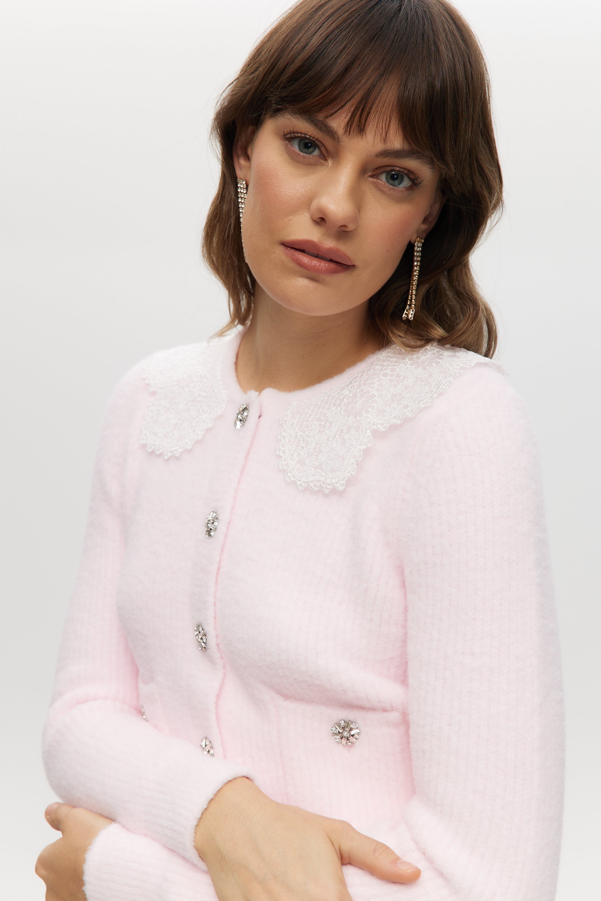 Pink Fluffy Knit Cardigan with Lace Collar