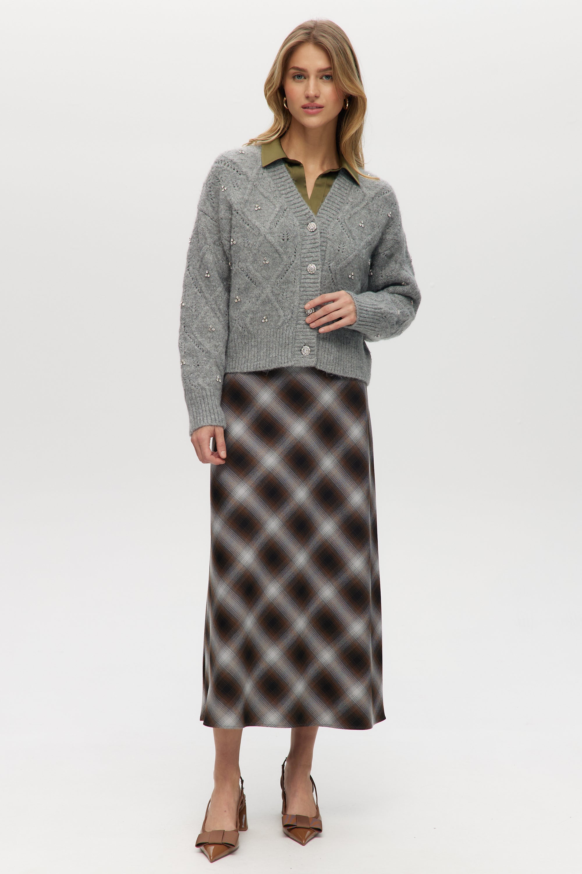 Grey Rhinestone Cable Knit V-Neck Cardigan