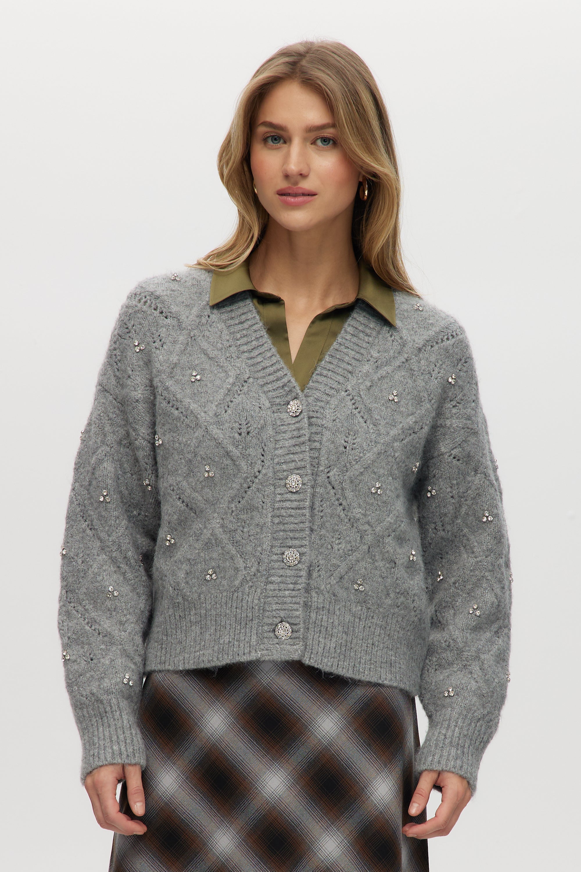 Grey Rhinestone Cable Knit V-Neck Cardigan